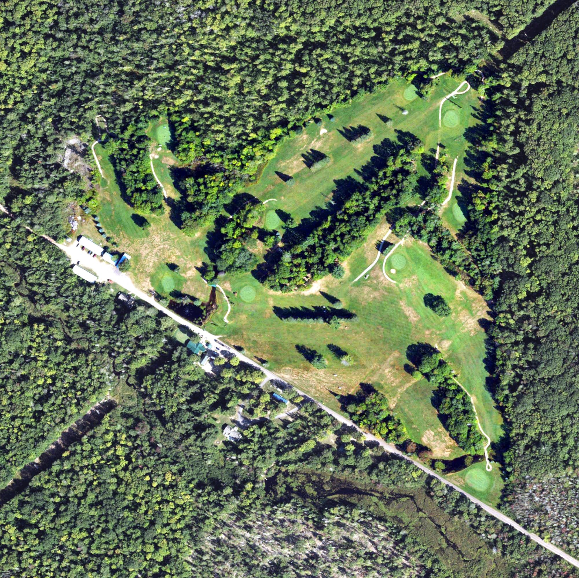 Aerial view of Wyandotte Hills Golf Course, MI, with its hole routing marked