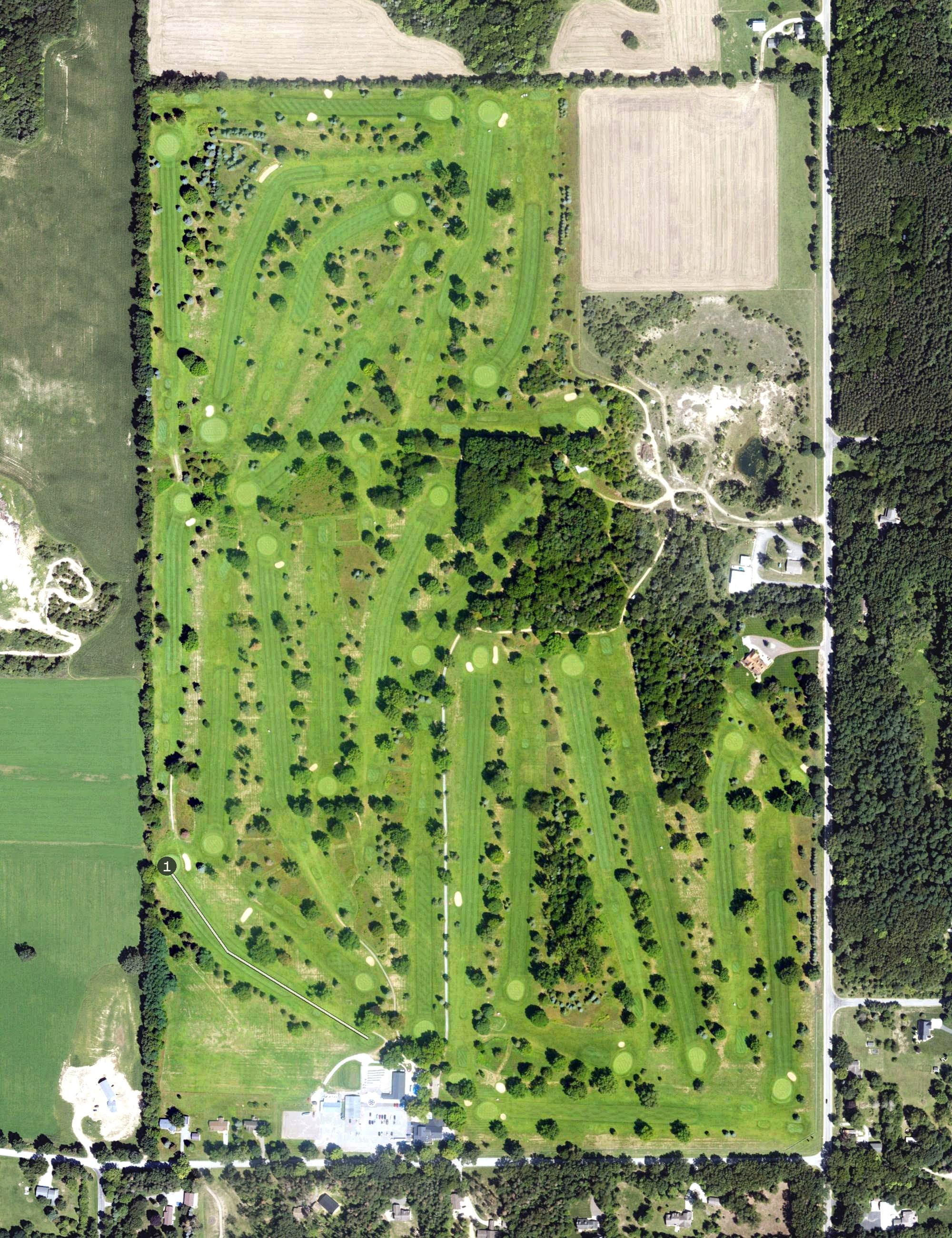 Aerial view of Yankee Springs Golf Course, MI, with its hole routing marked