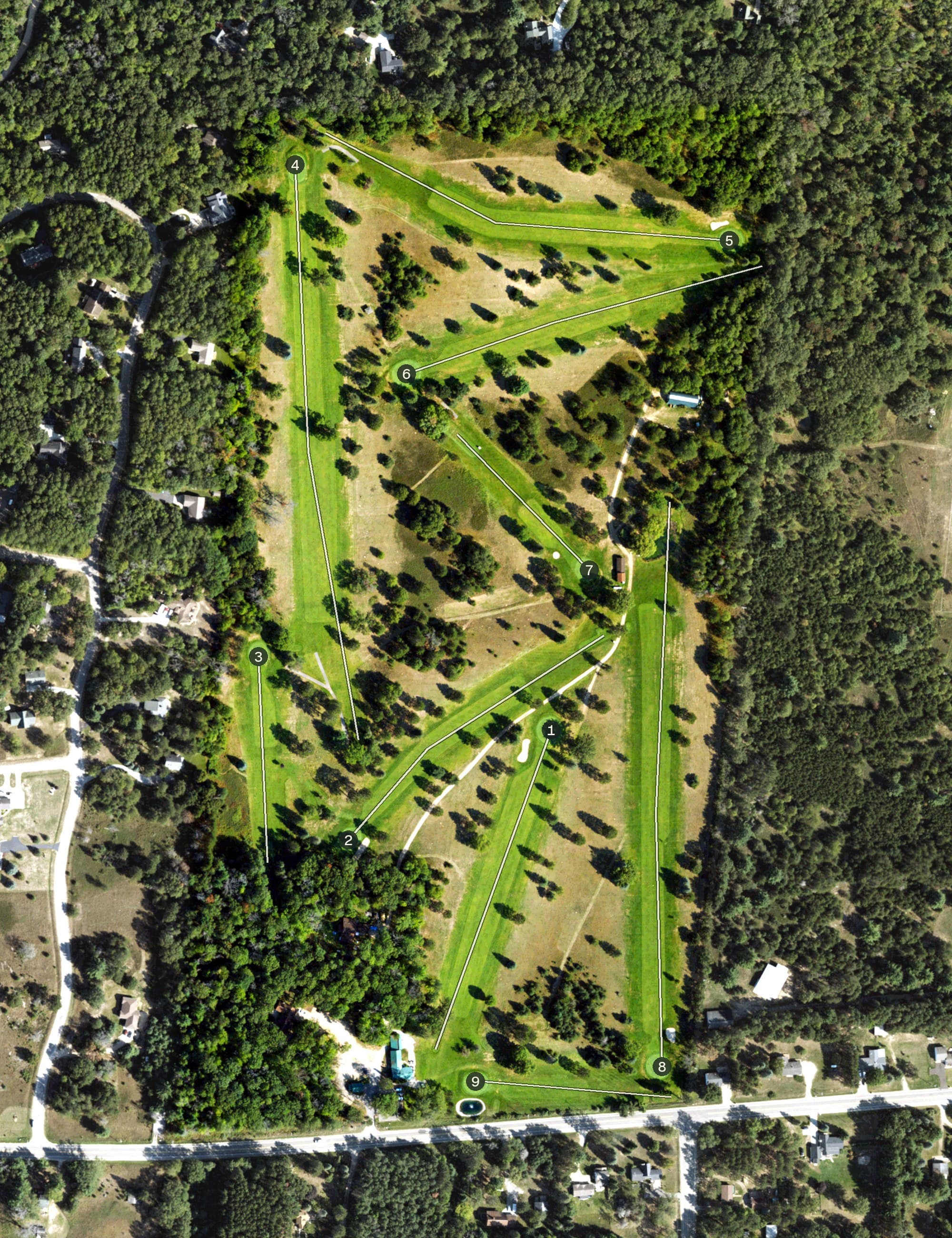 Aerial view of Ye Olde Country Club, MI, with its hole routing marked