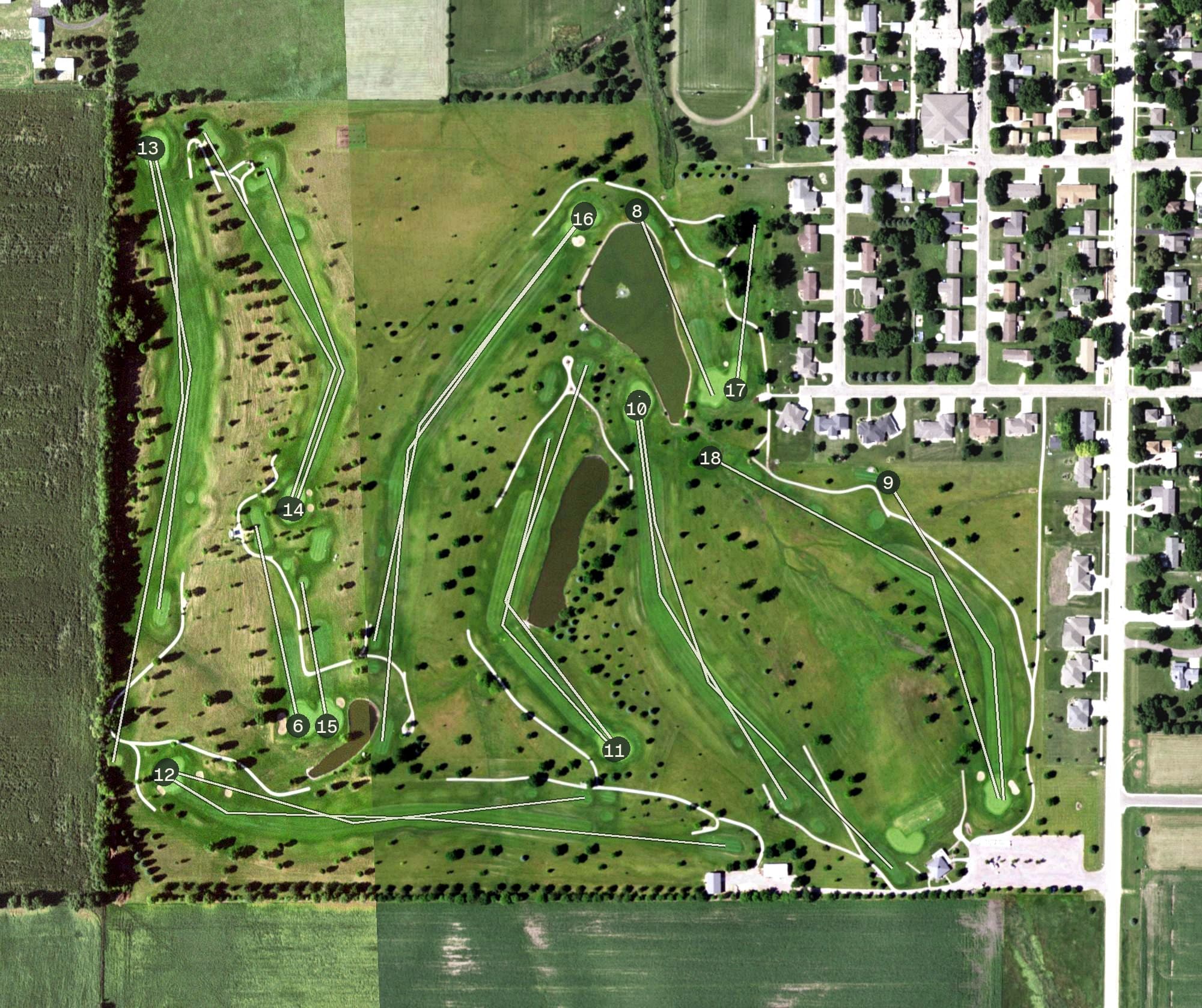 Aerial view of Adrian Country Club, MN, with its hole routing marked