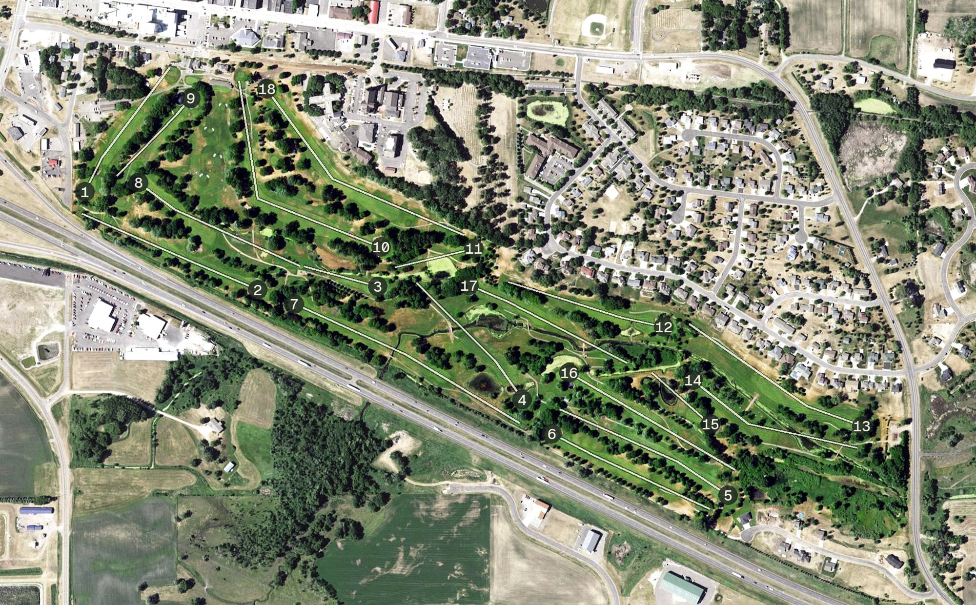 Aerial view of Albany 18 Hole Public Course, MN, with its hole routing marked