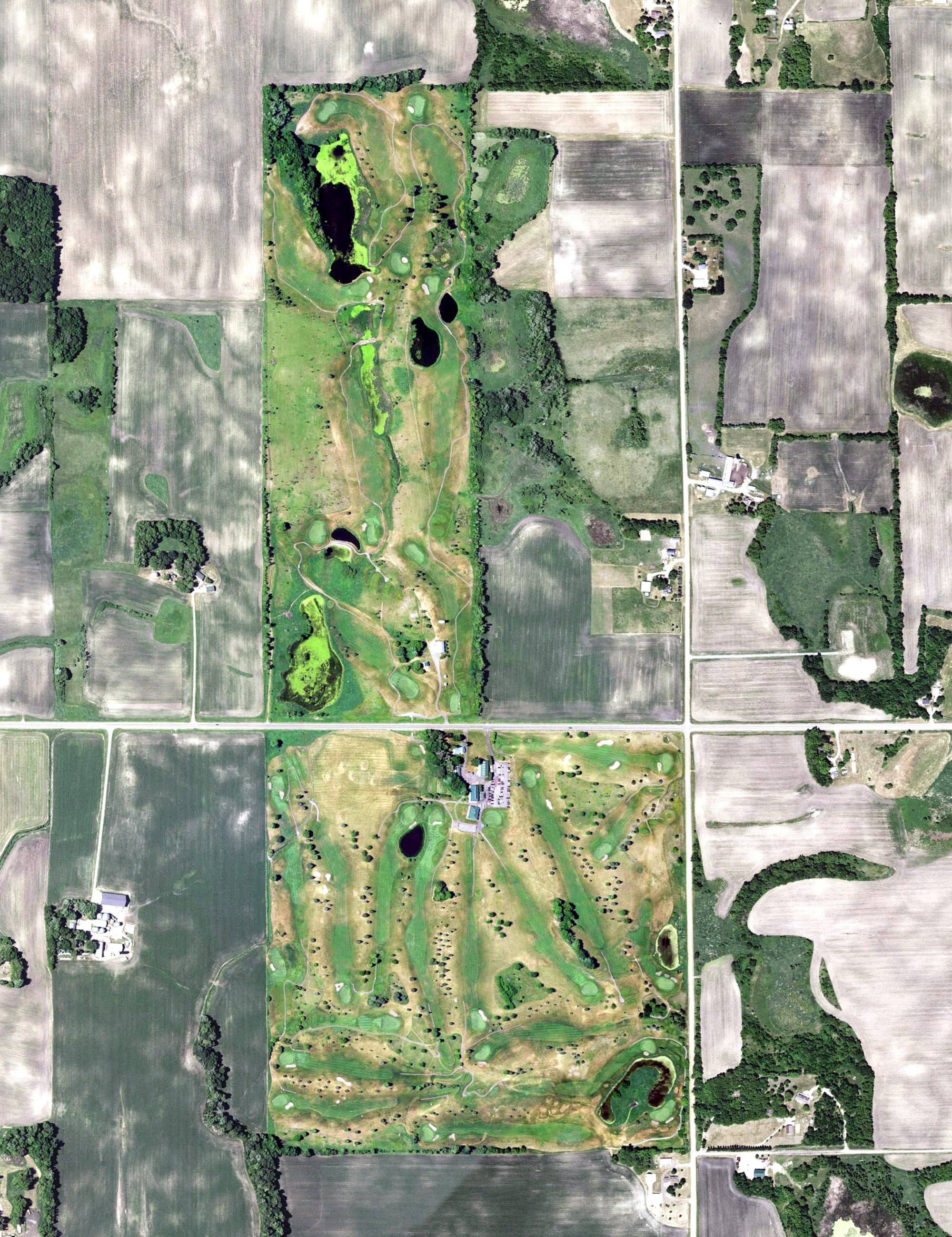 Aerial view of Albion Ridges Golf Course, MN, with its hole routing marked
