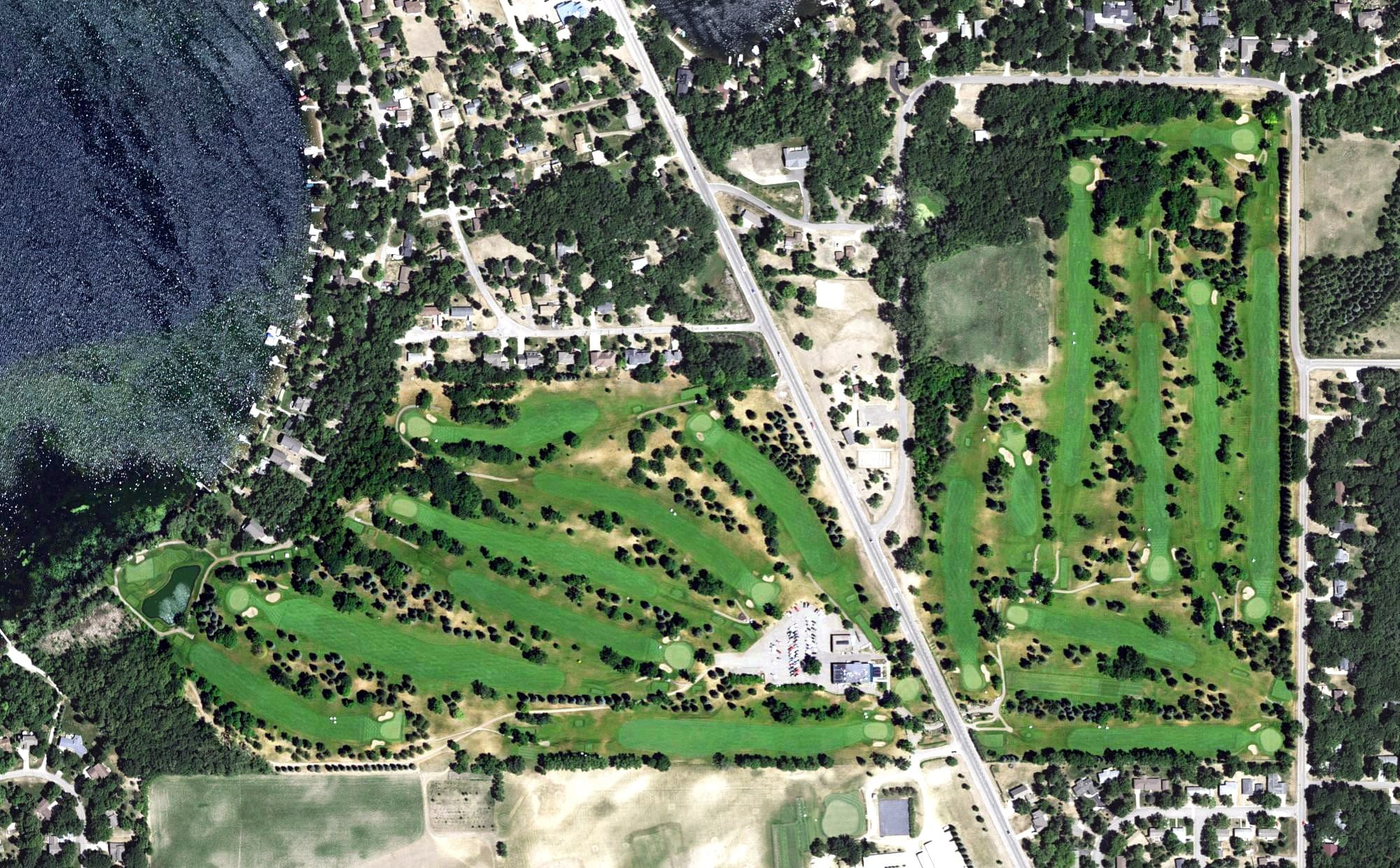 Aerial view of Alexandria Golf Club, MN, with its hole routing marked