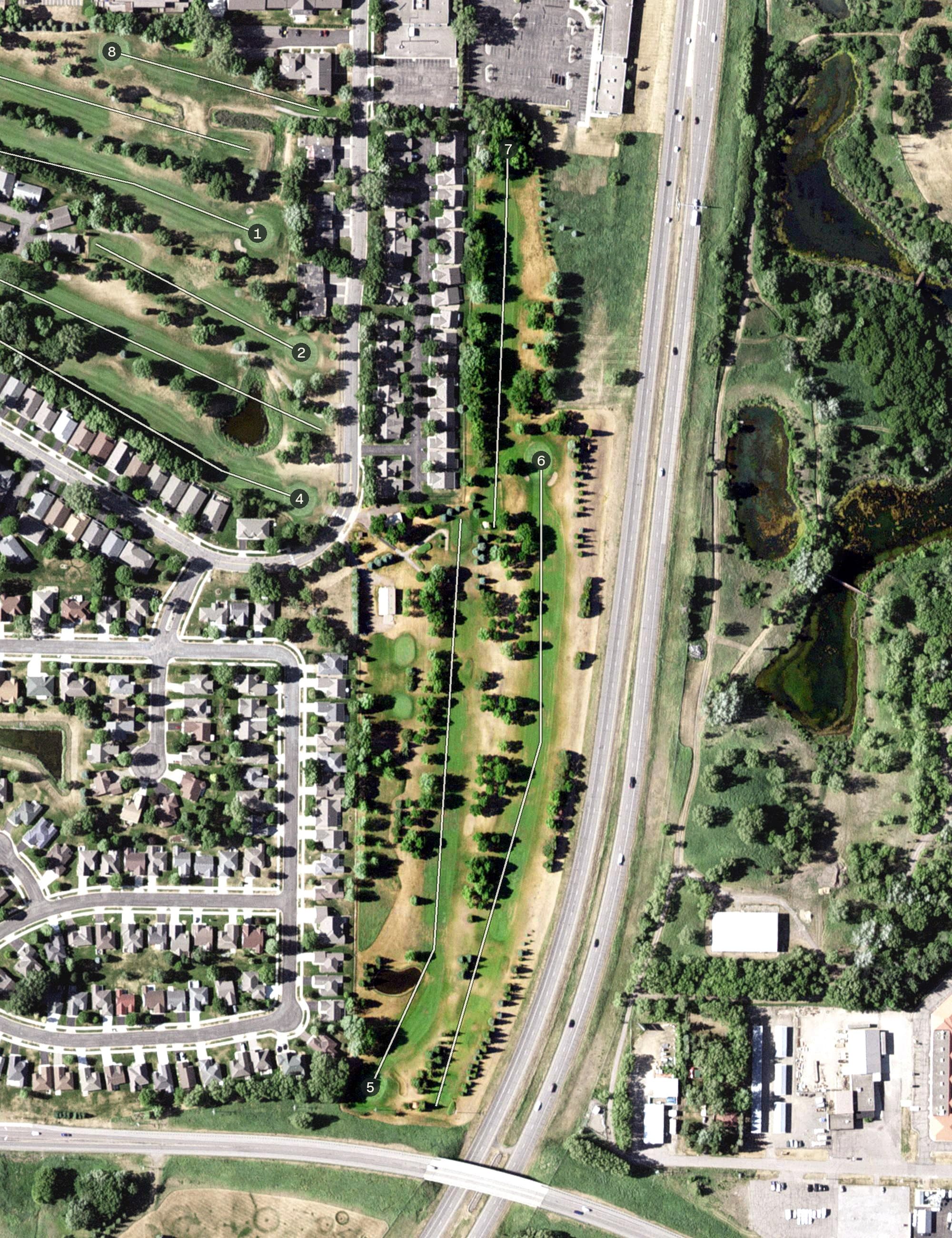 Aerial view of Angushire Golf Club, MN, with its hole routing marked
