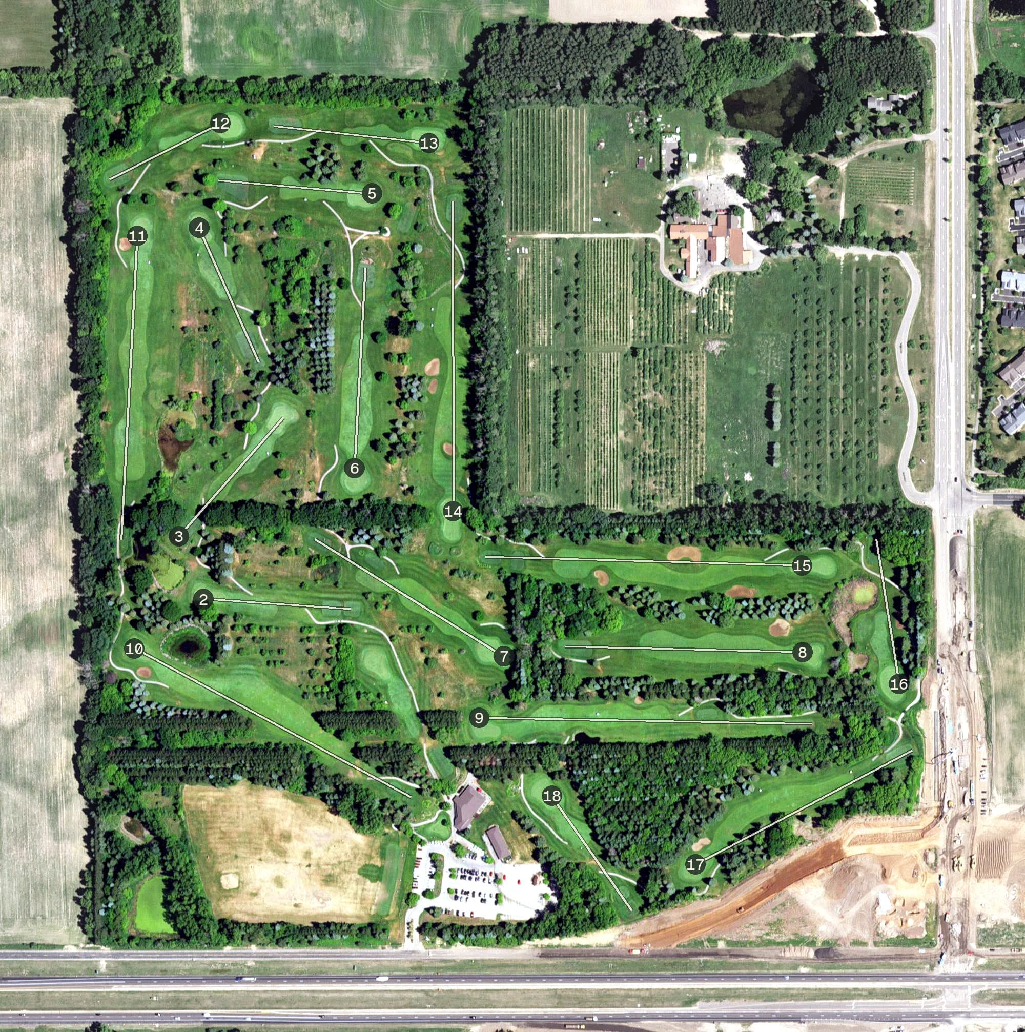 Aerial view of Applewood Hills Golf Course, MN, with its hole routing marked