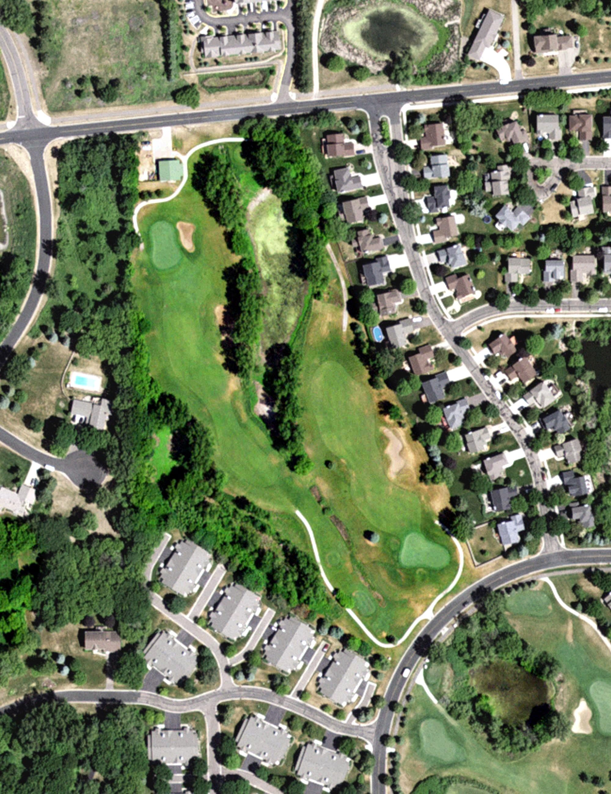 Aerial view of Arbor Pointe Golf Club, MN, with its hole routing marked