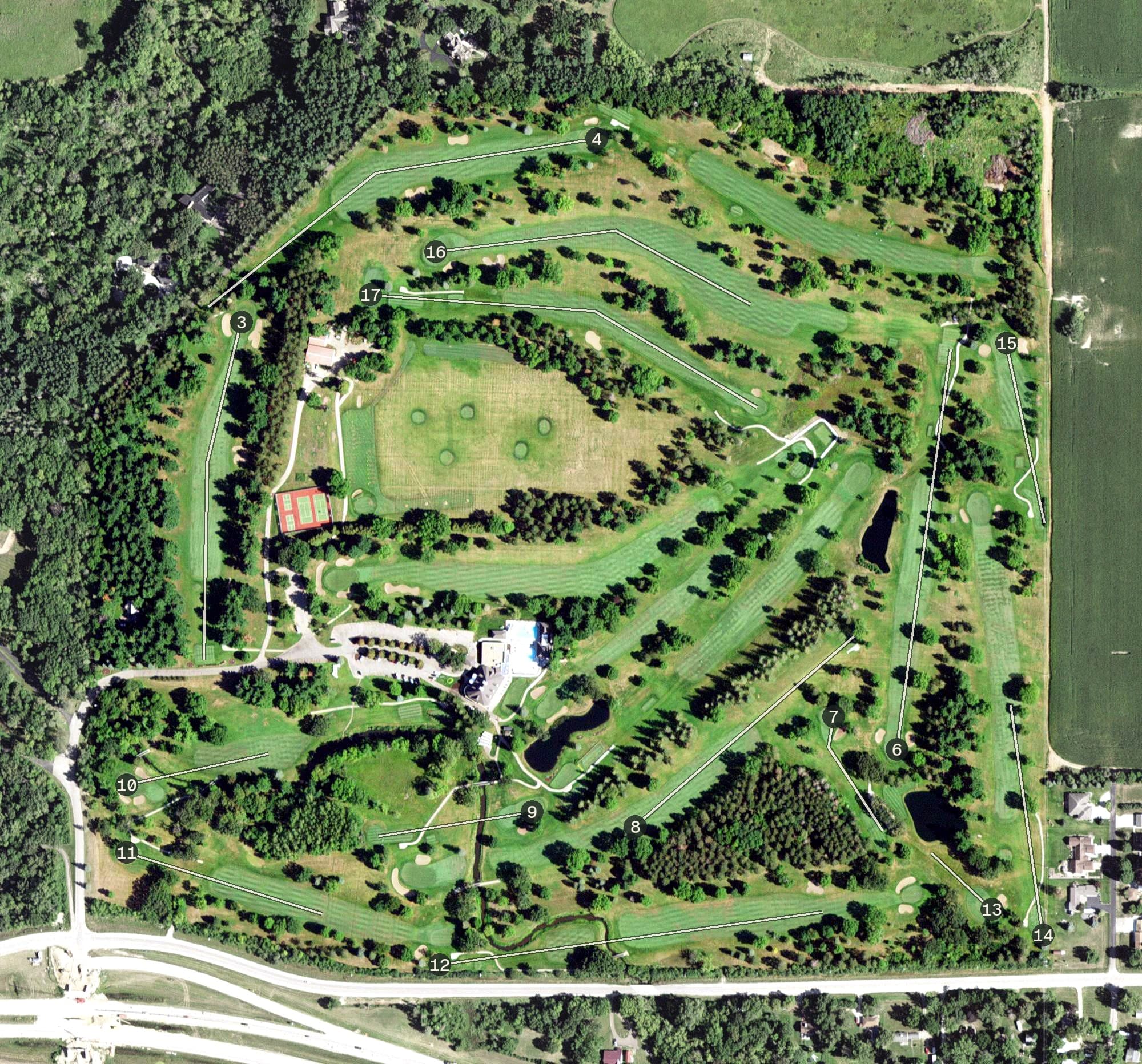 Aerial view of Austin Country Club, MN, with its hole routing marked