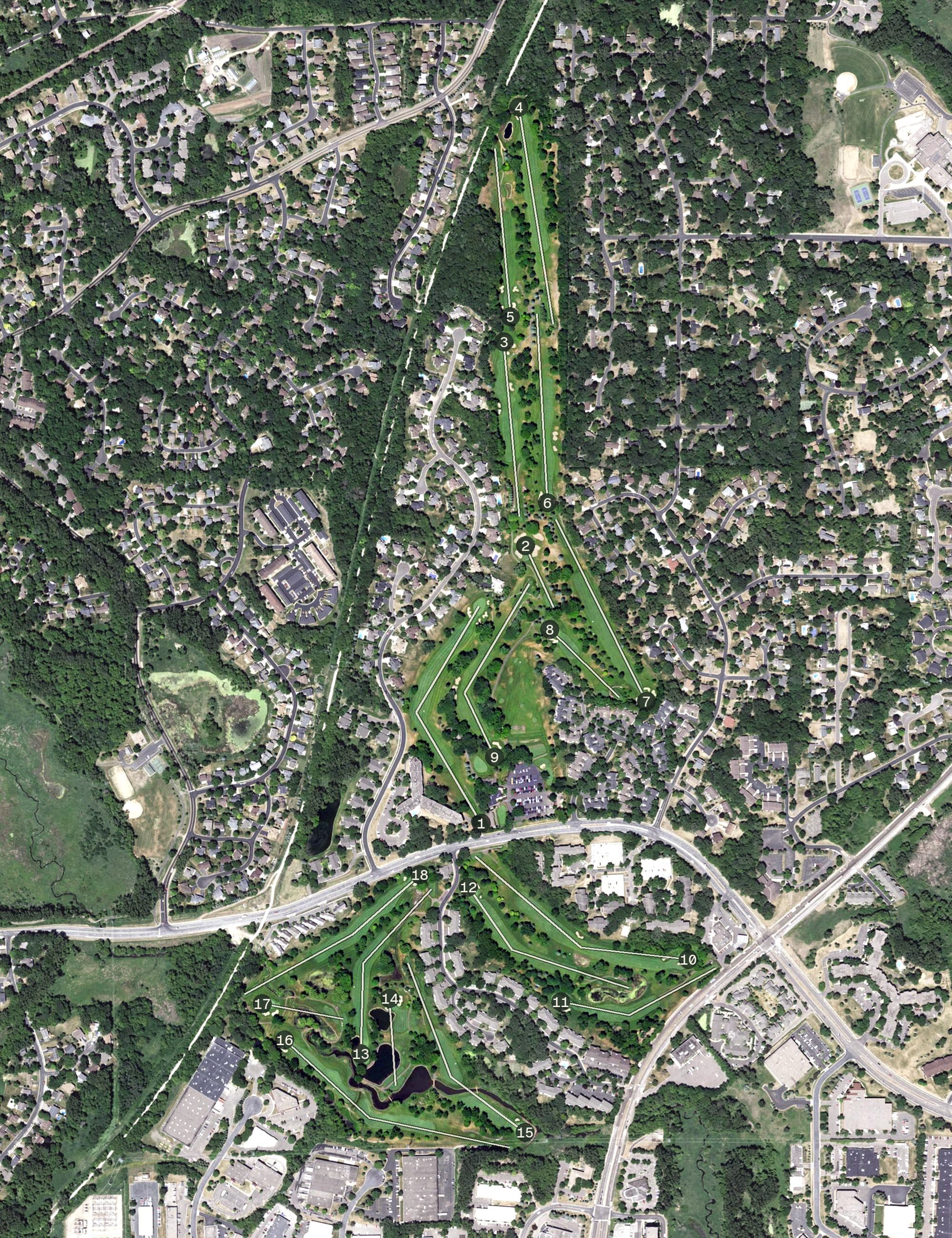 Aerial view of Bent Creek Golf Club, MN, with its hole routing marked