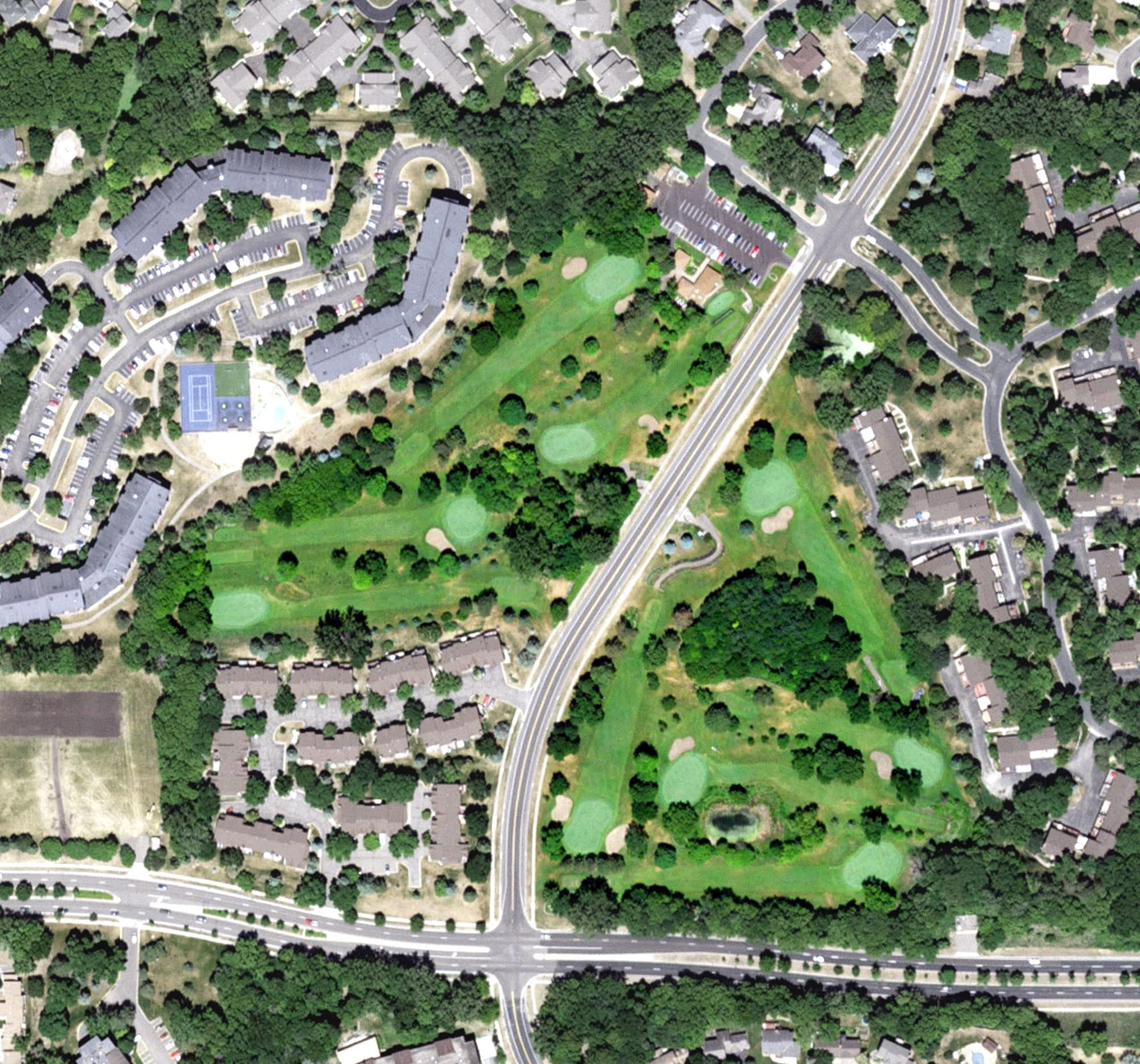 Aerial view of Birnamwood Golf Course, MN, with its hole routing marked