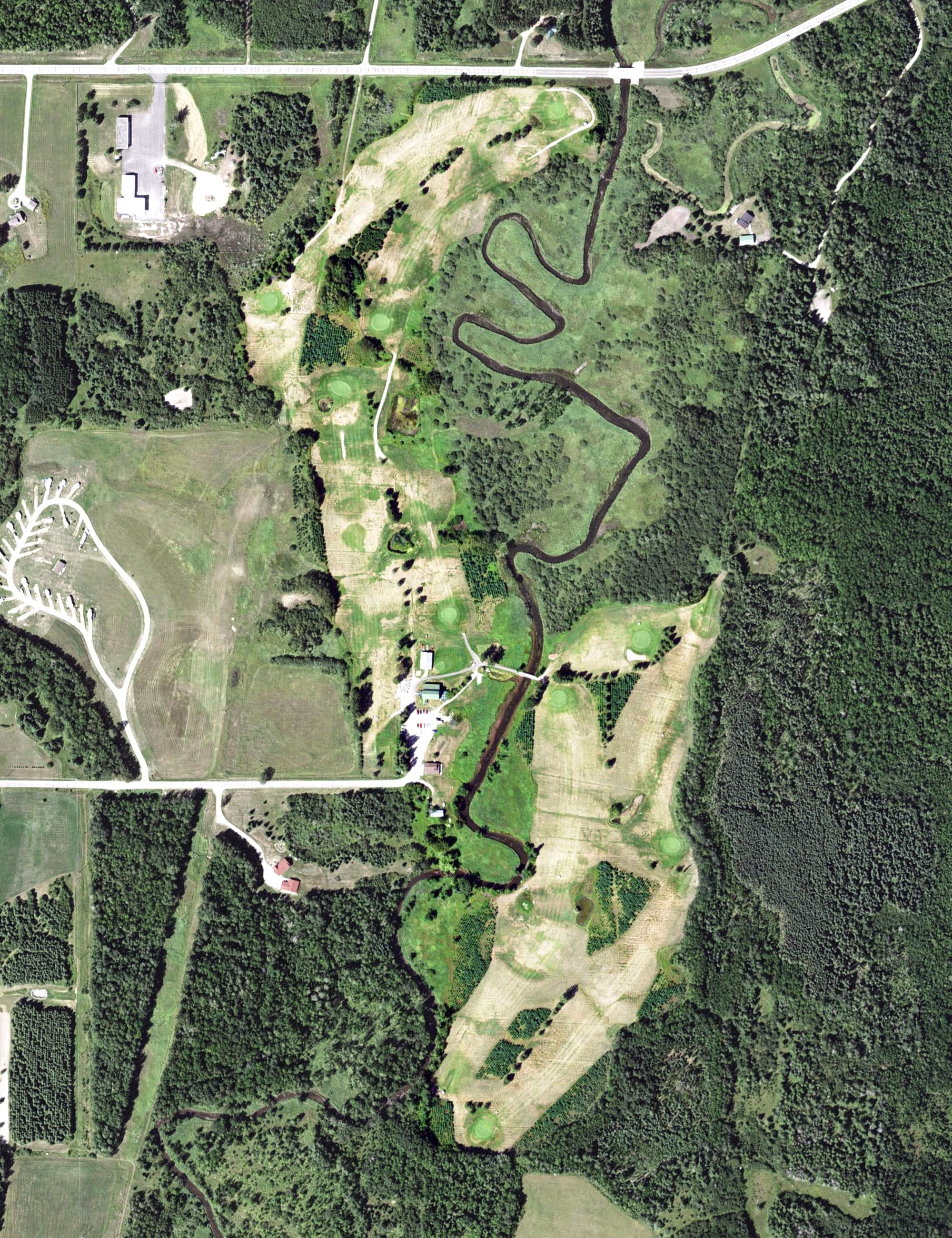 Aerial view of Blueberry Hills Golf Course, MN, with its hole routing marked