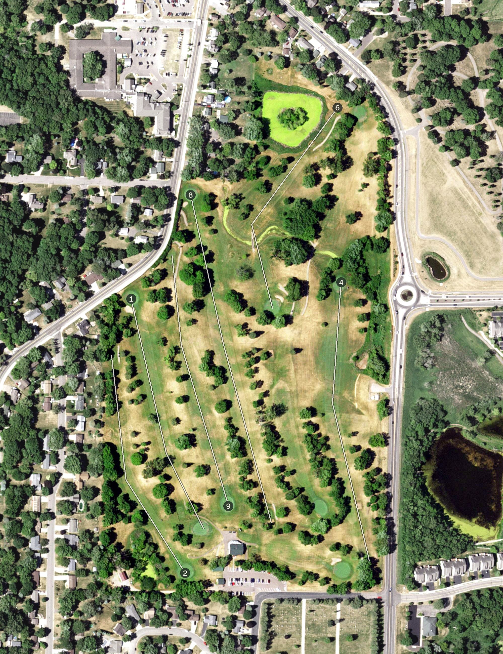 Aerial view of Buffalo Heights Golf Course, MN, with its hole routing marked