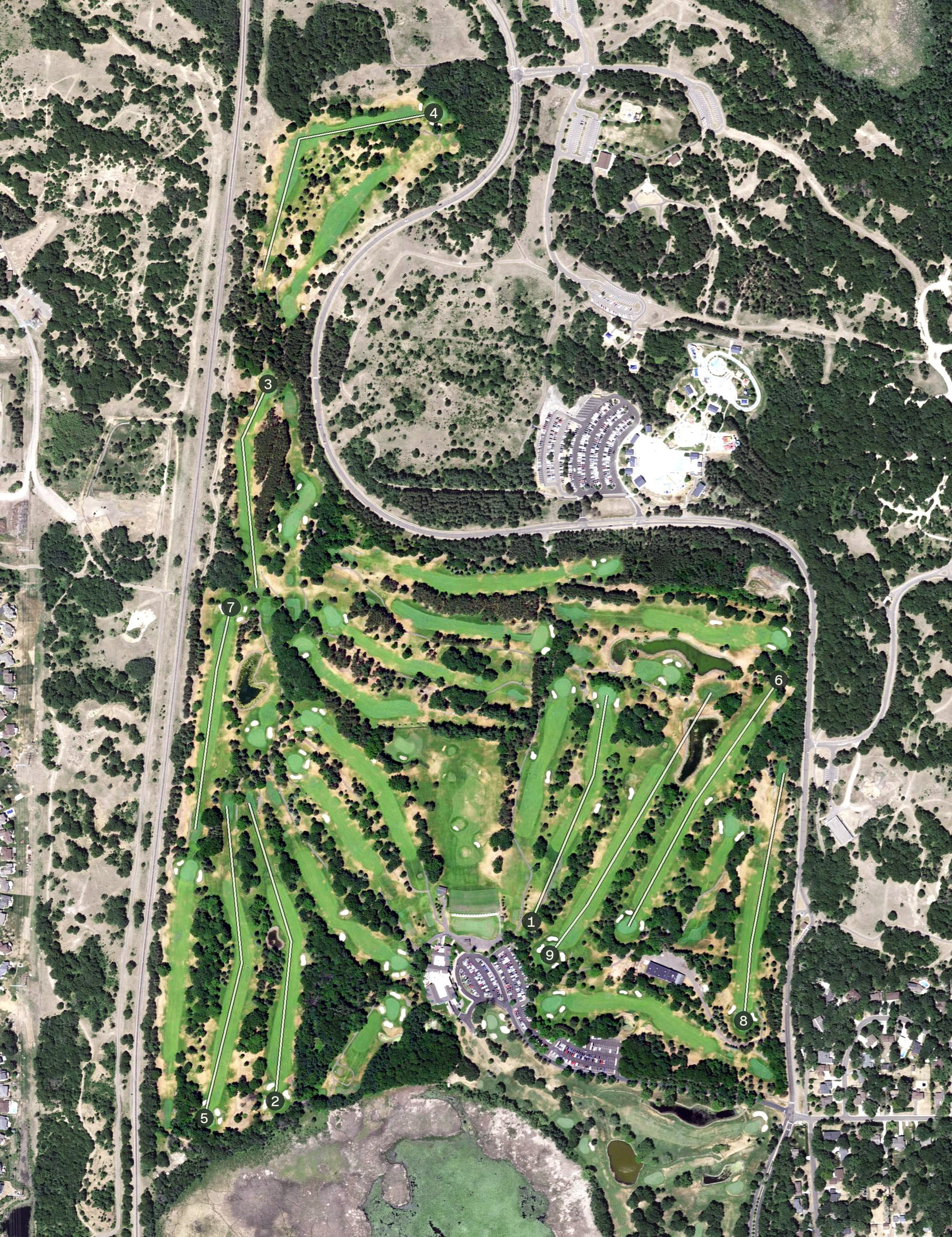 Aerial view of Bunker Hills Golf Course, MN, with its hole routing marked