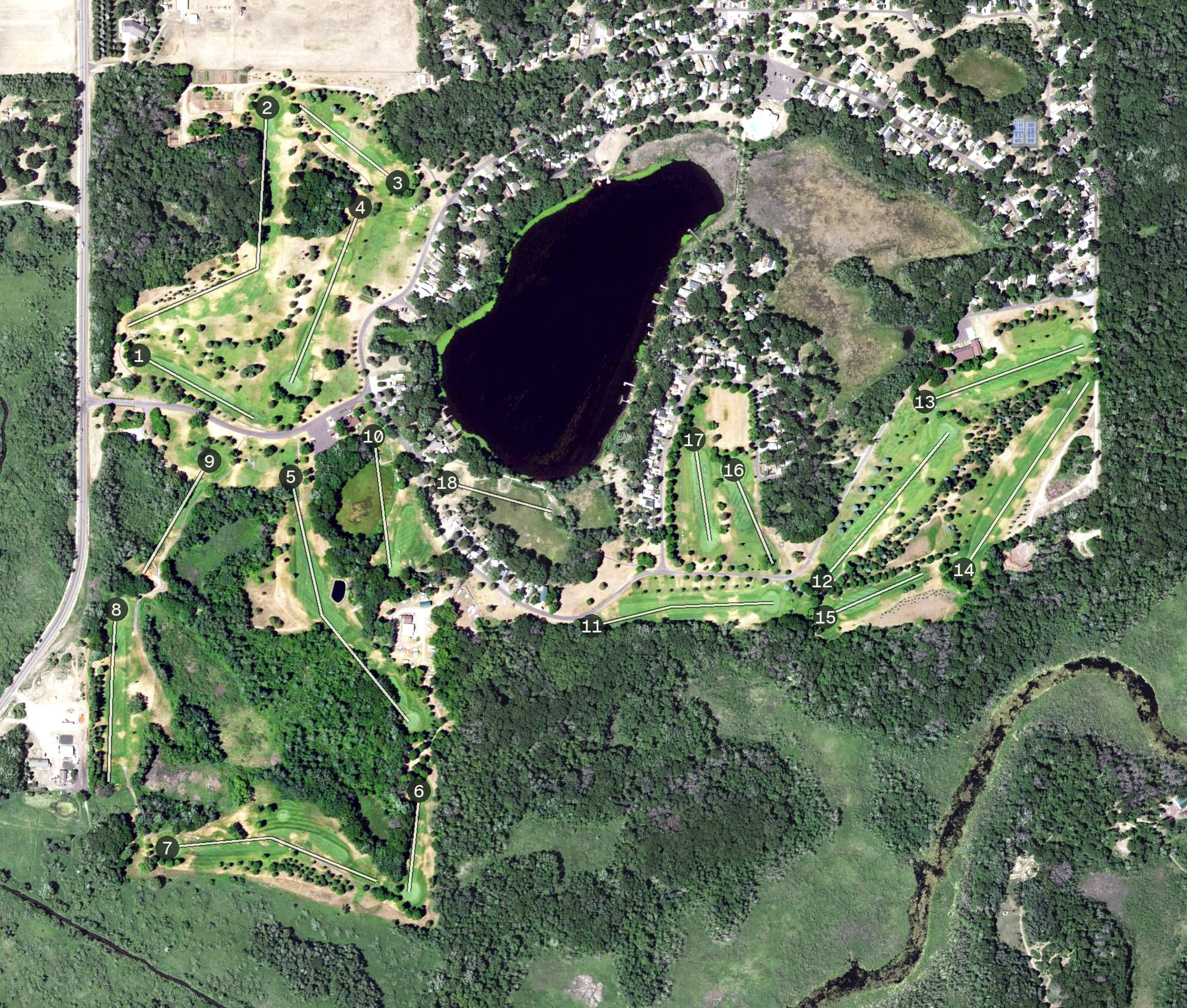 Aerial view of Carefree Country Club, MN, with its hole routing marked