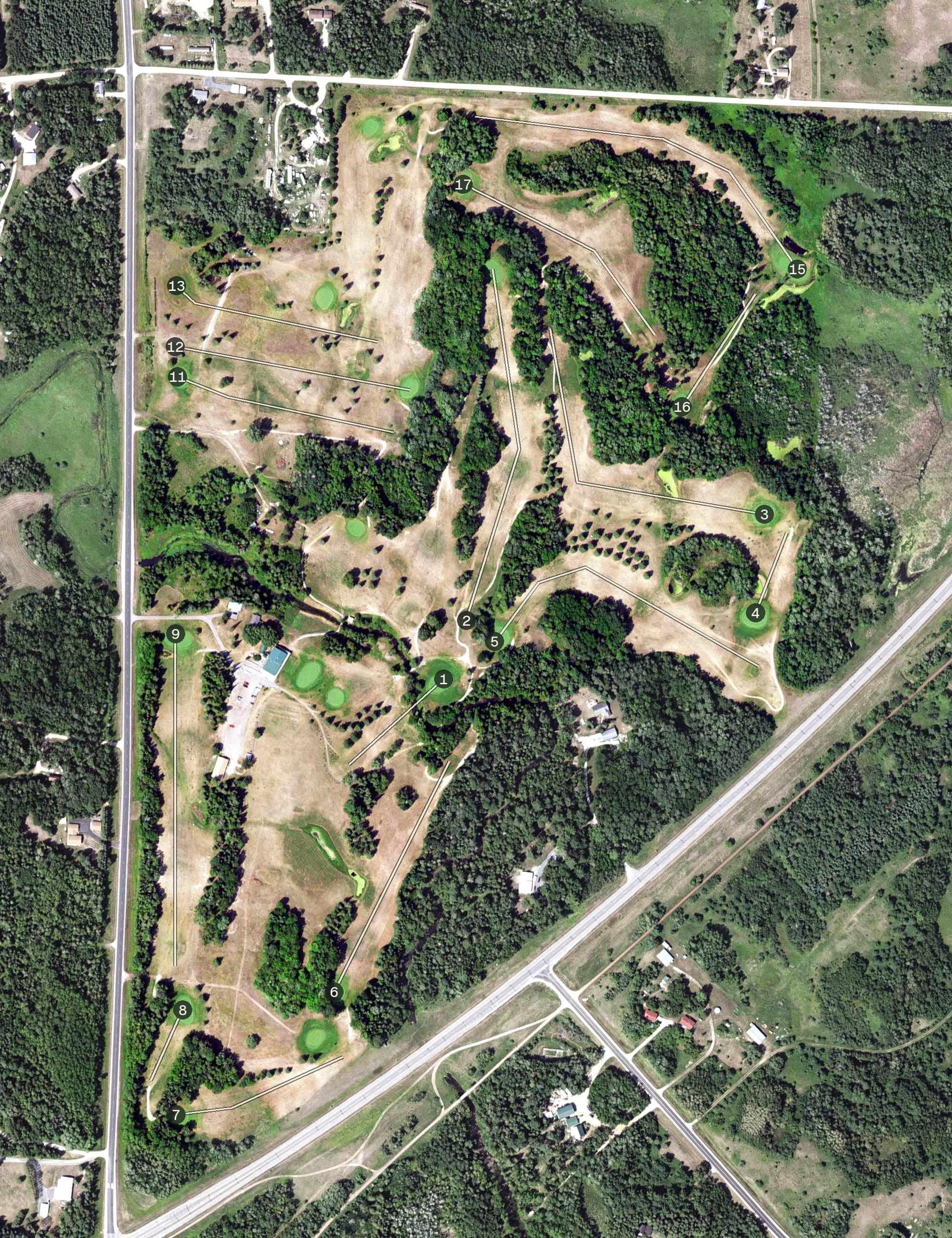 Aerial view of Castle Highlands Golf Course, MN, with its hole routing marked