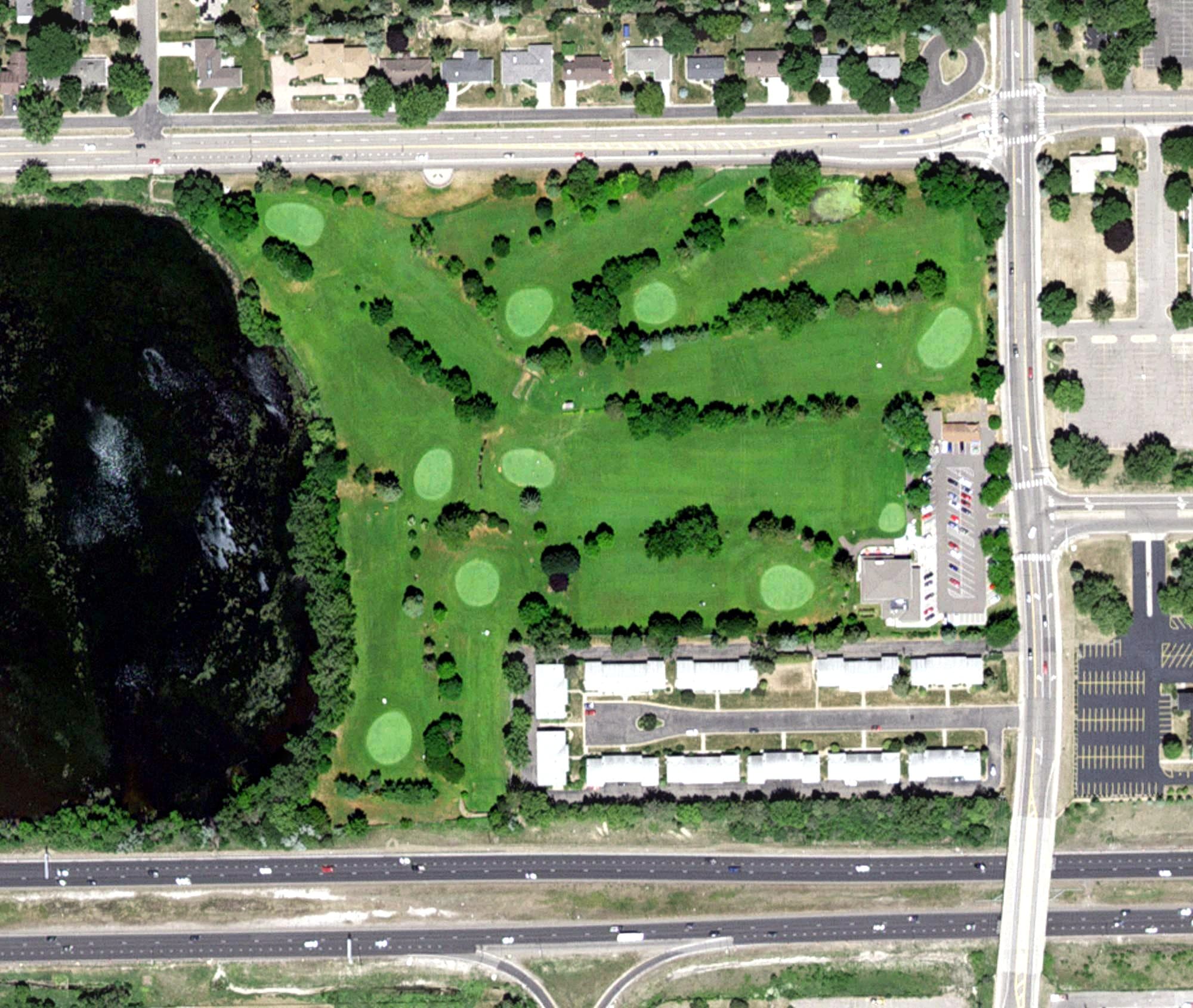 Aerial view of Cedarholm Golf Course, MN, with its hole routing marked