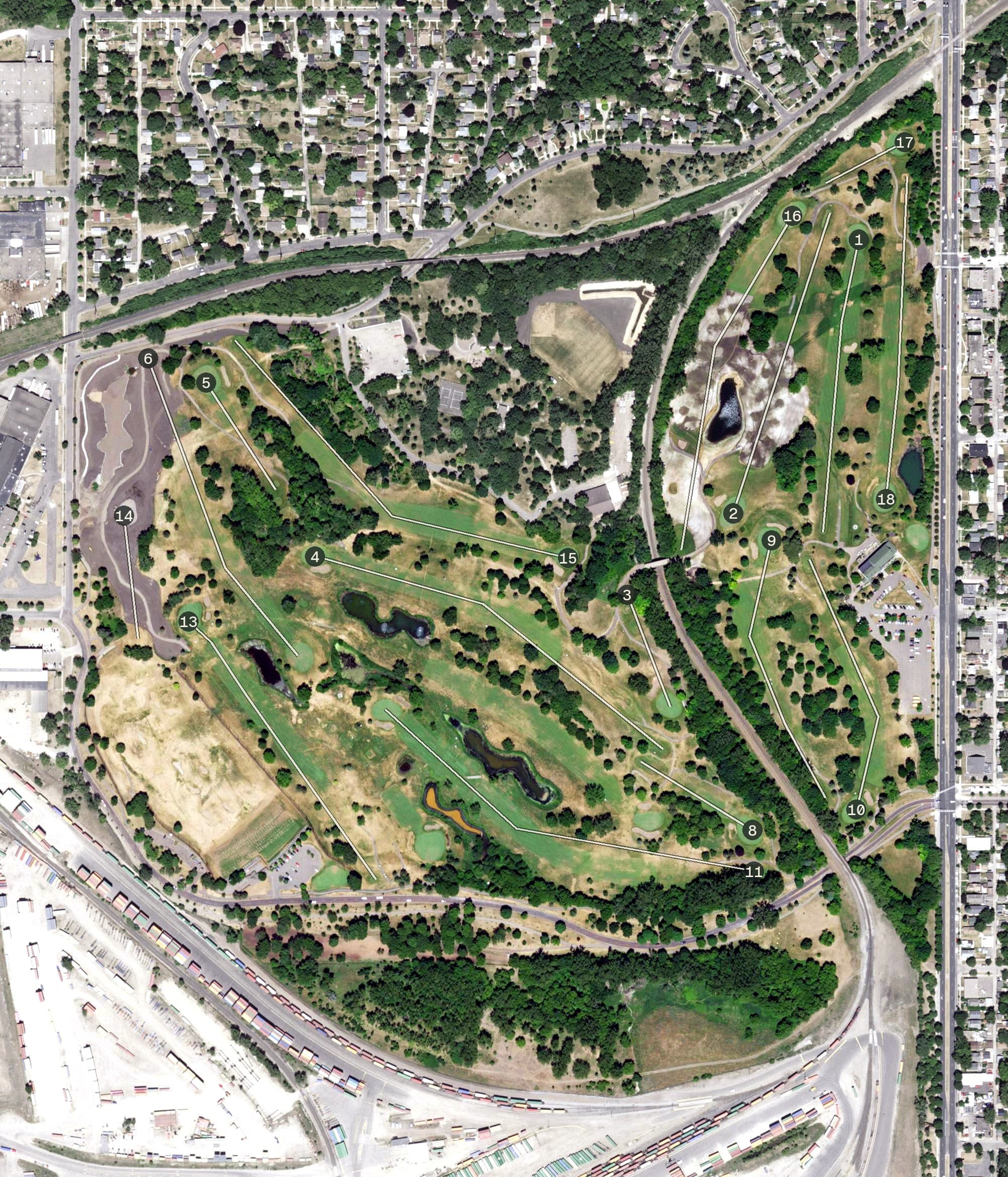 Aerial view of Columbia Golf Course, MN, with its hole routing marked