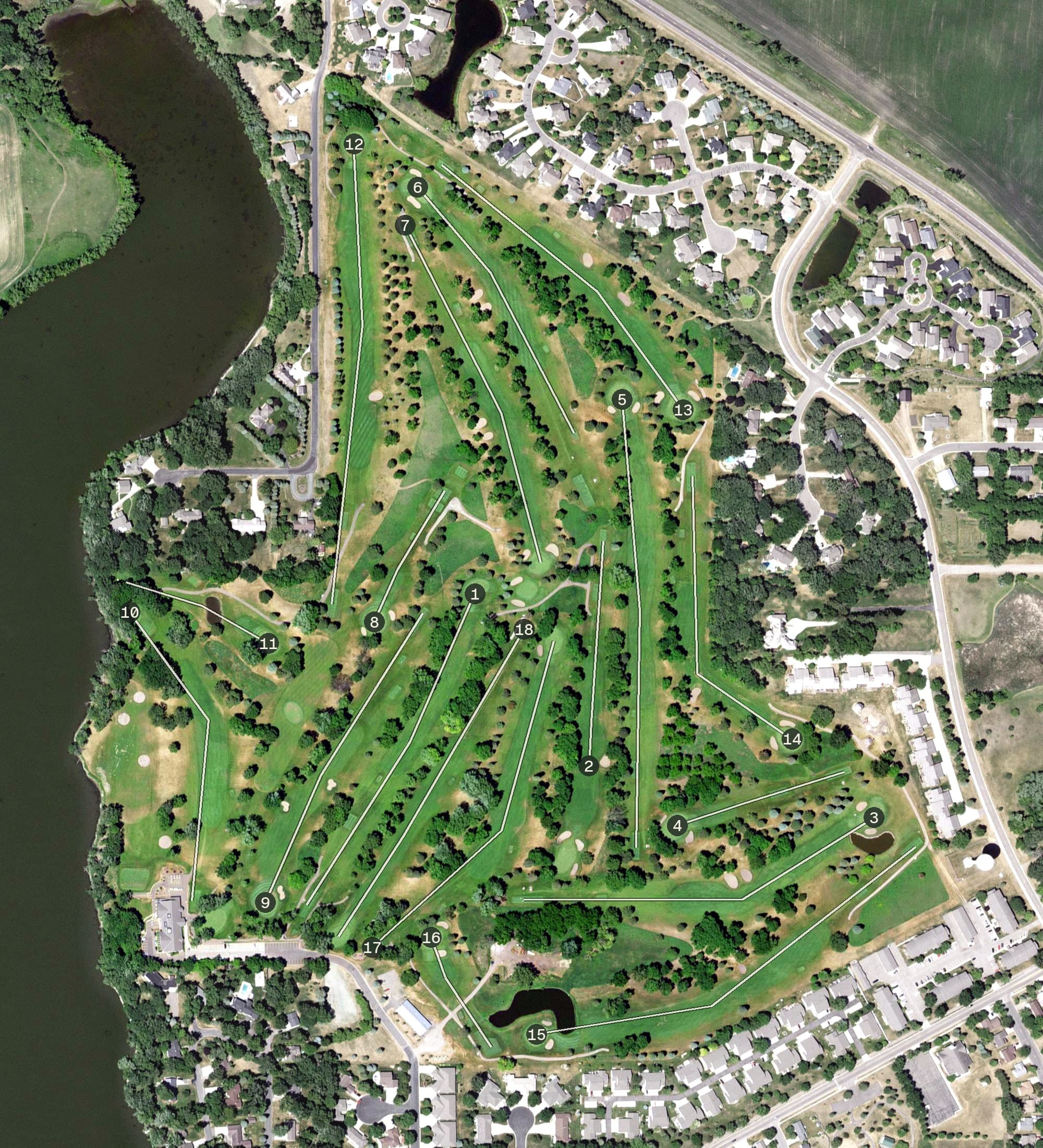 Aerial view of Crow River Country Club, MN, with its hole routing marked