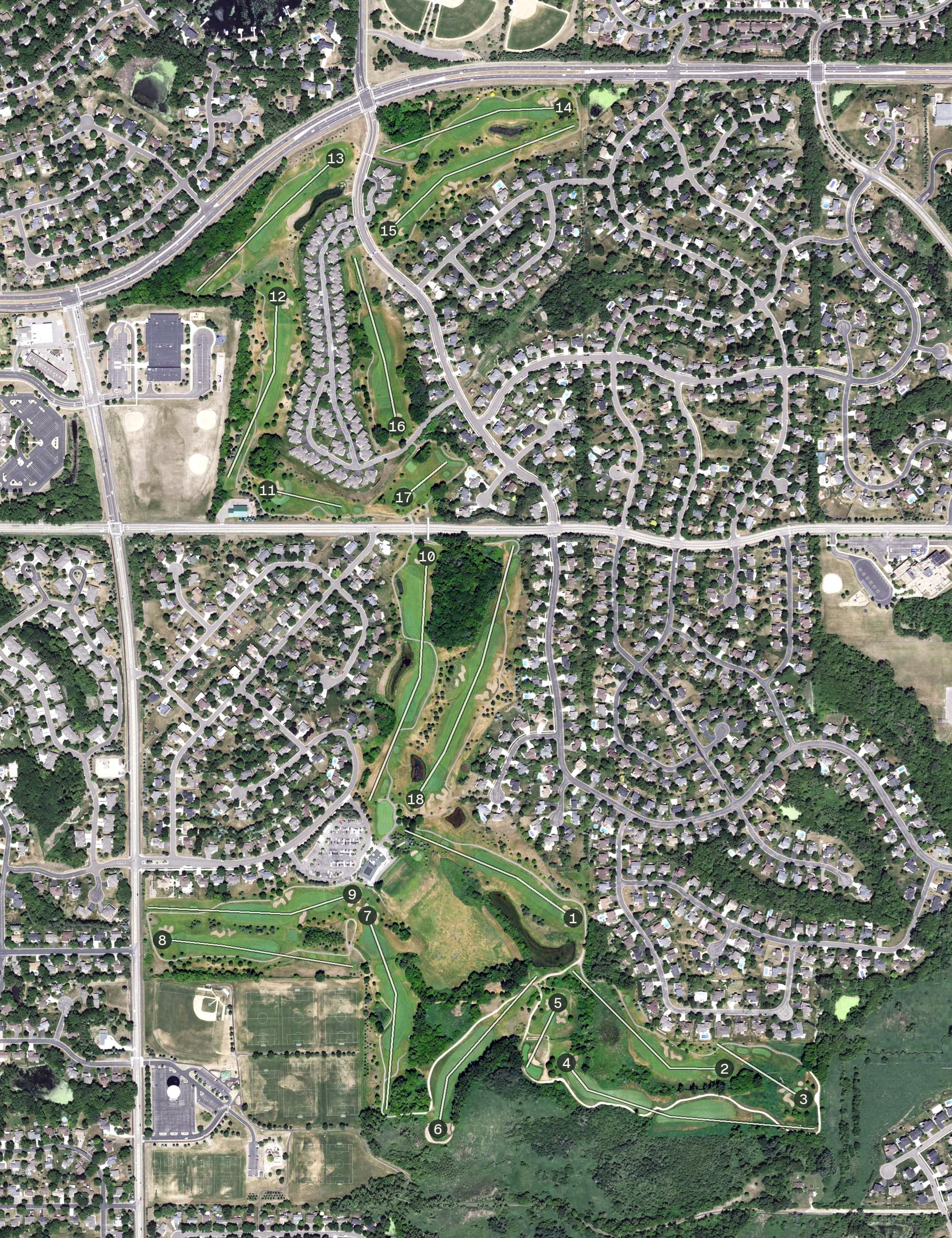Aerial view of Crystal Lake Golf Club, MN, with its hole routing marked