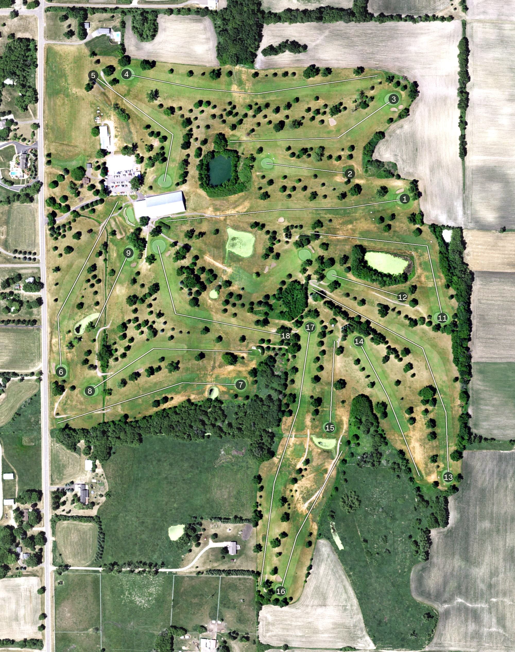 Aerial view of Daytona Golf Course, MN, with its hole routing marked