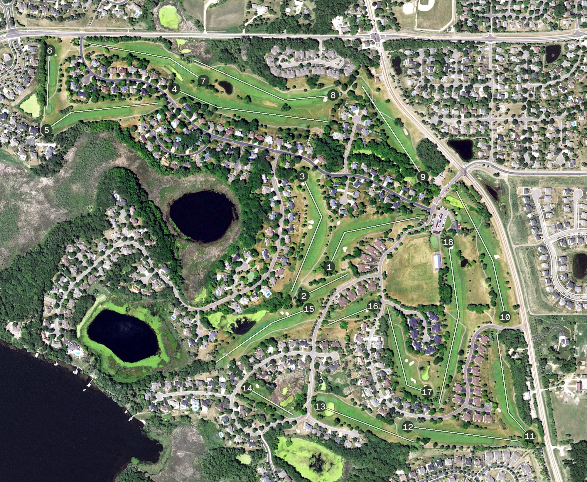 Aerial view of Deer Run Golf Club, MN, with its hole routing marked