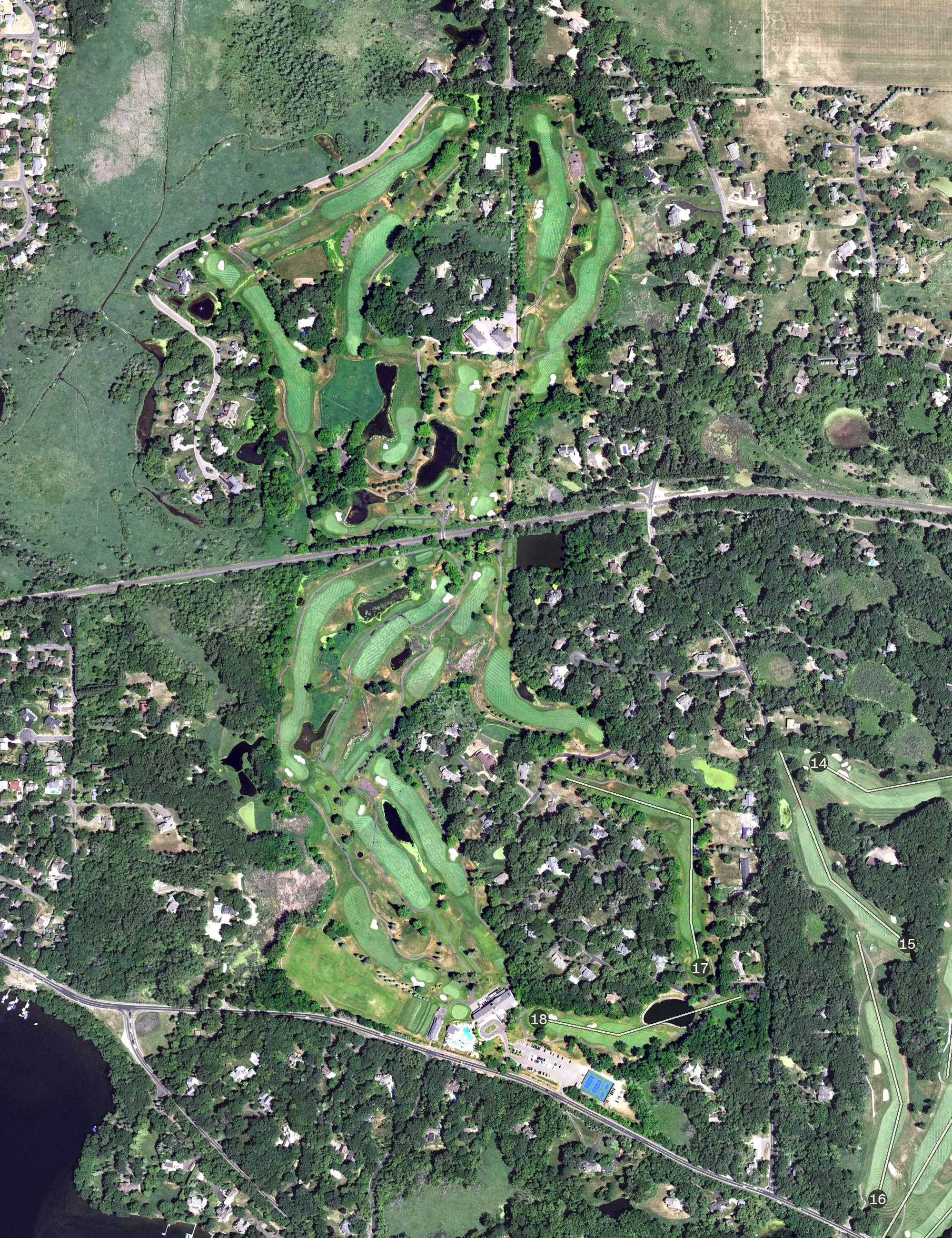 Aerial view of Dellwood Country Club, MN, with its hole routing marked