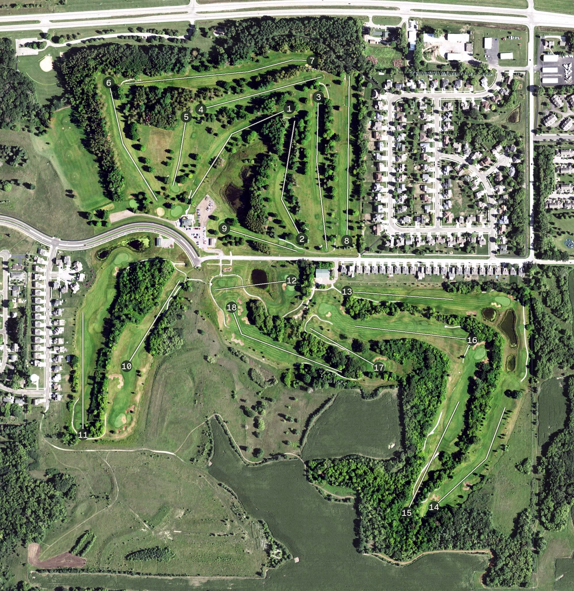 Aerial view of Eastwood Golf Club, MN, with its hole routing marked