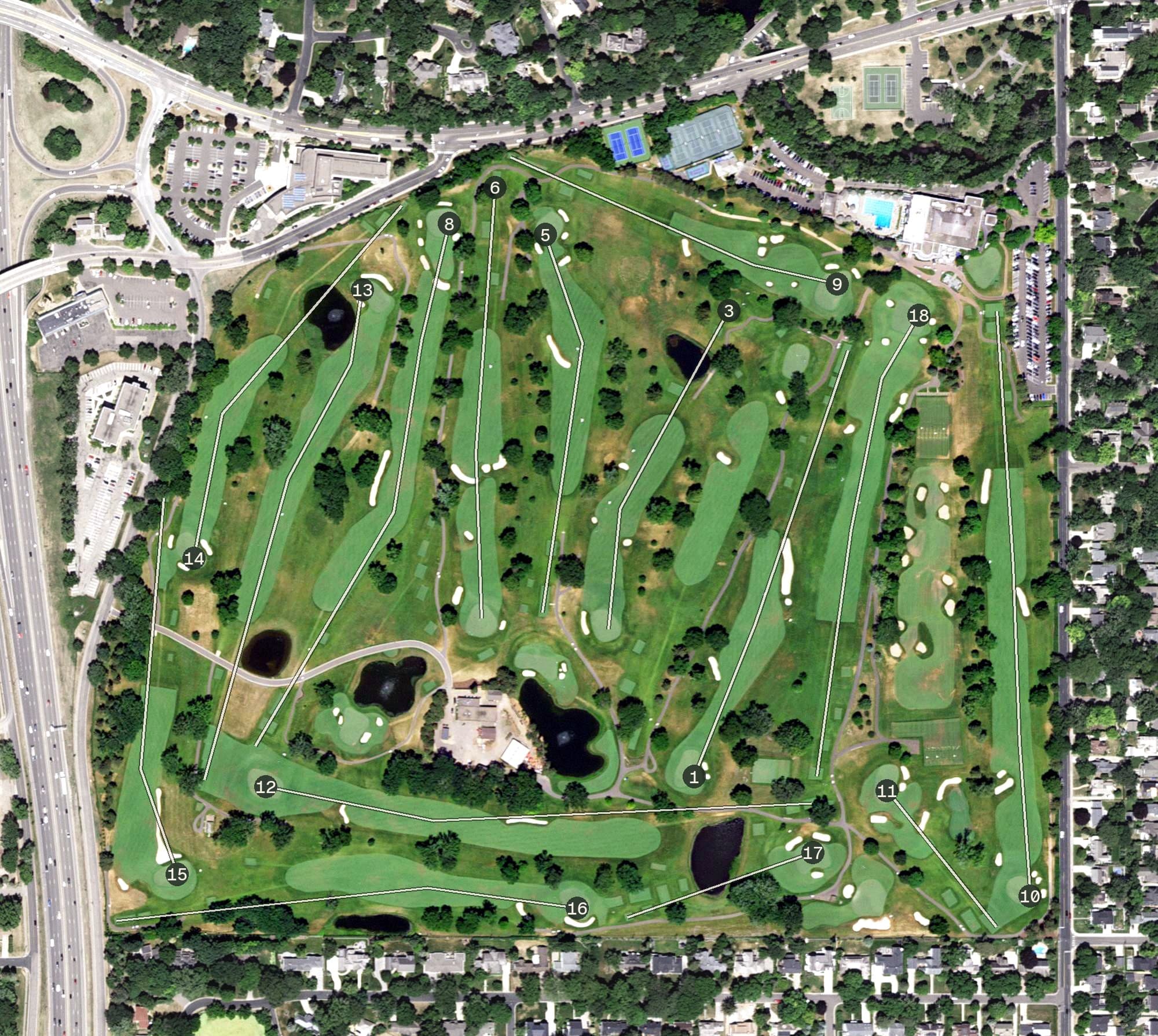 Aerial view of Edina Country Club, MN, with its hole routing marked