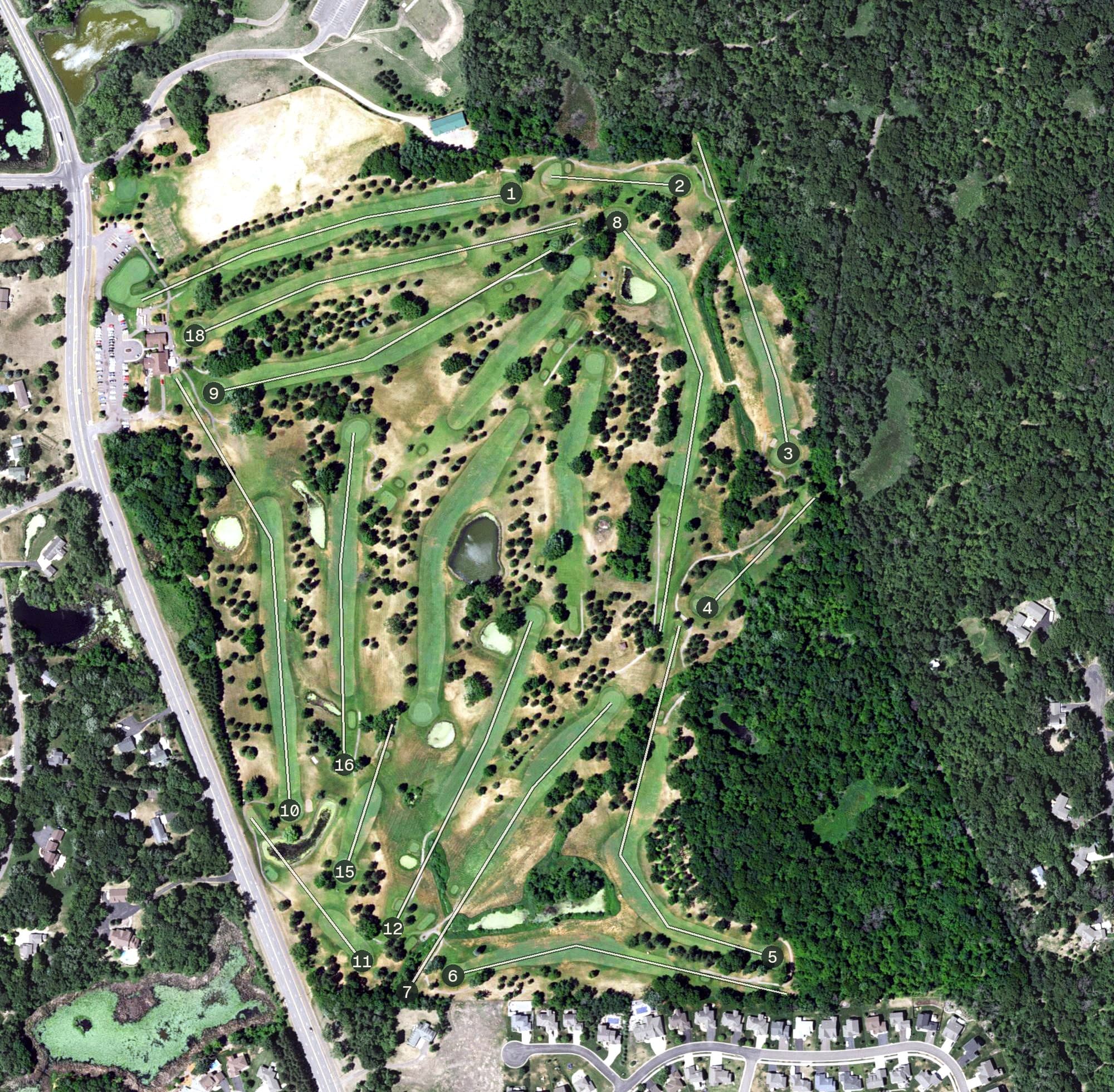 Aerial view of Elk River Golf Club, MN, with its hole routing marked