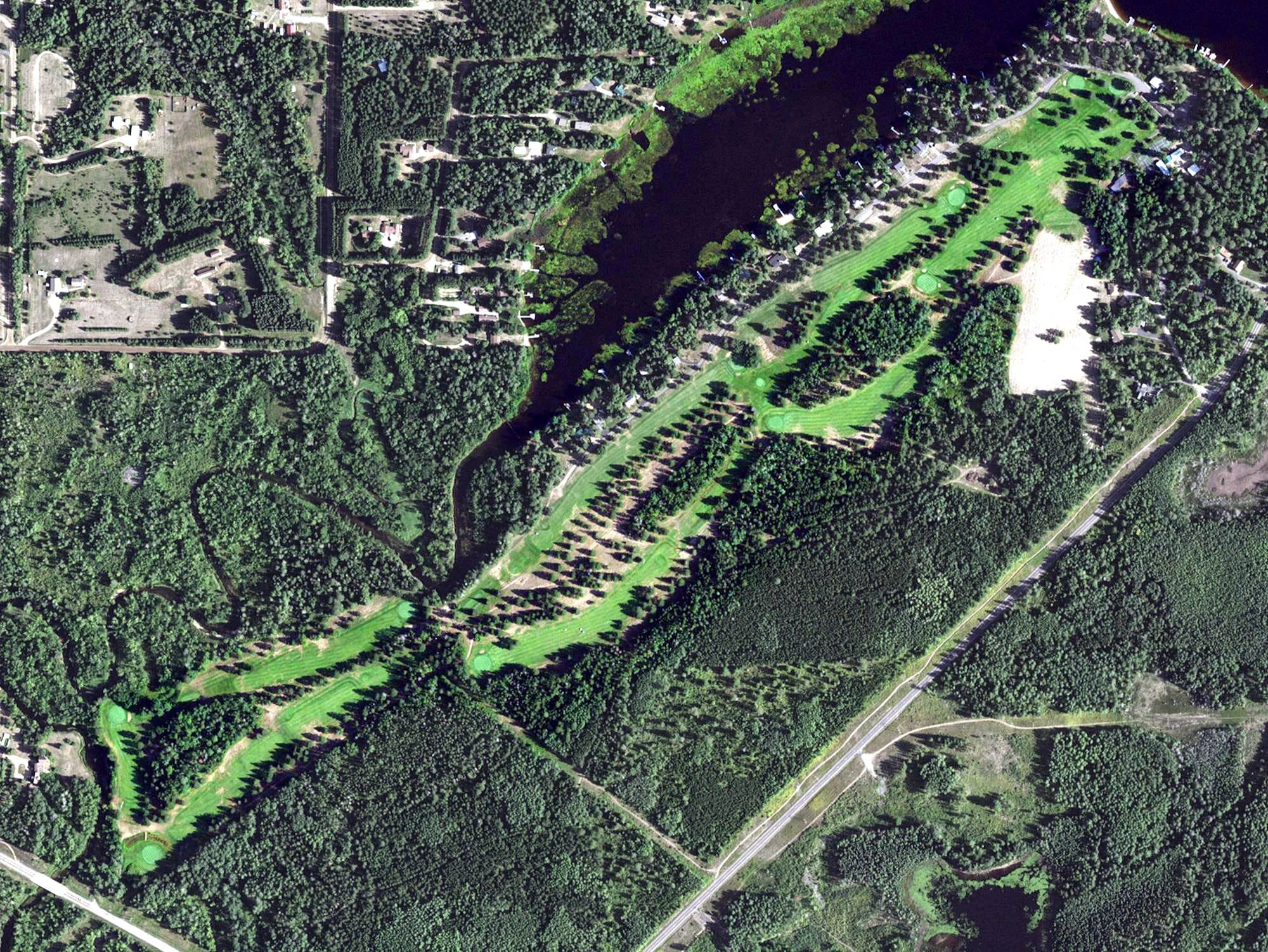 Aerial view of Esquagama Golf Course, MN, with its hole routing marked