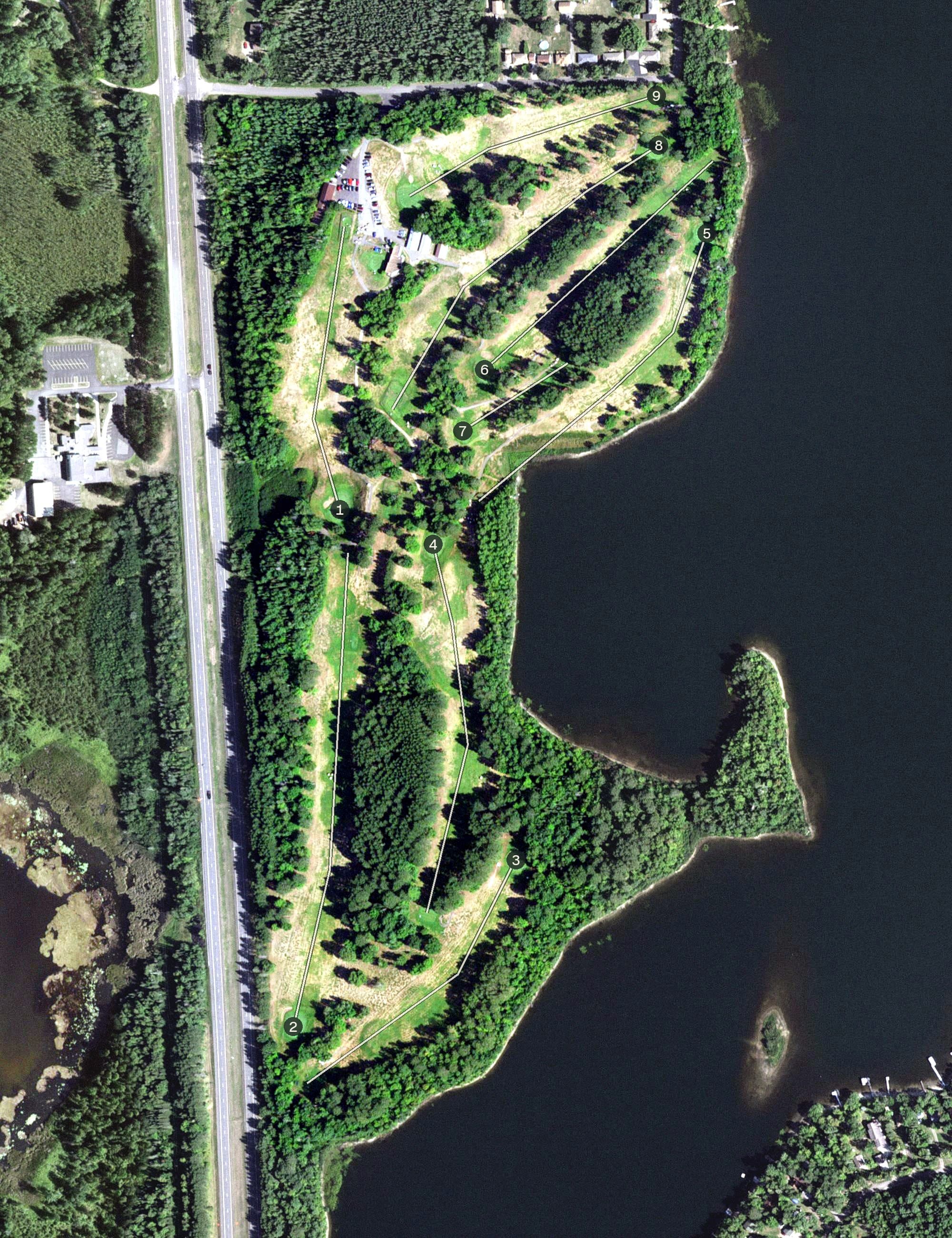 Aerial view of Eveleth Municipal Golf Course, MN, with its hole routing marked