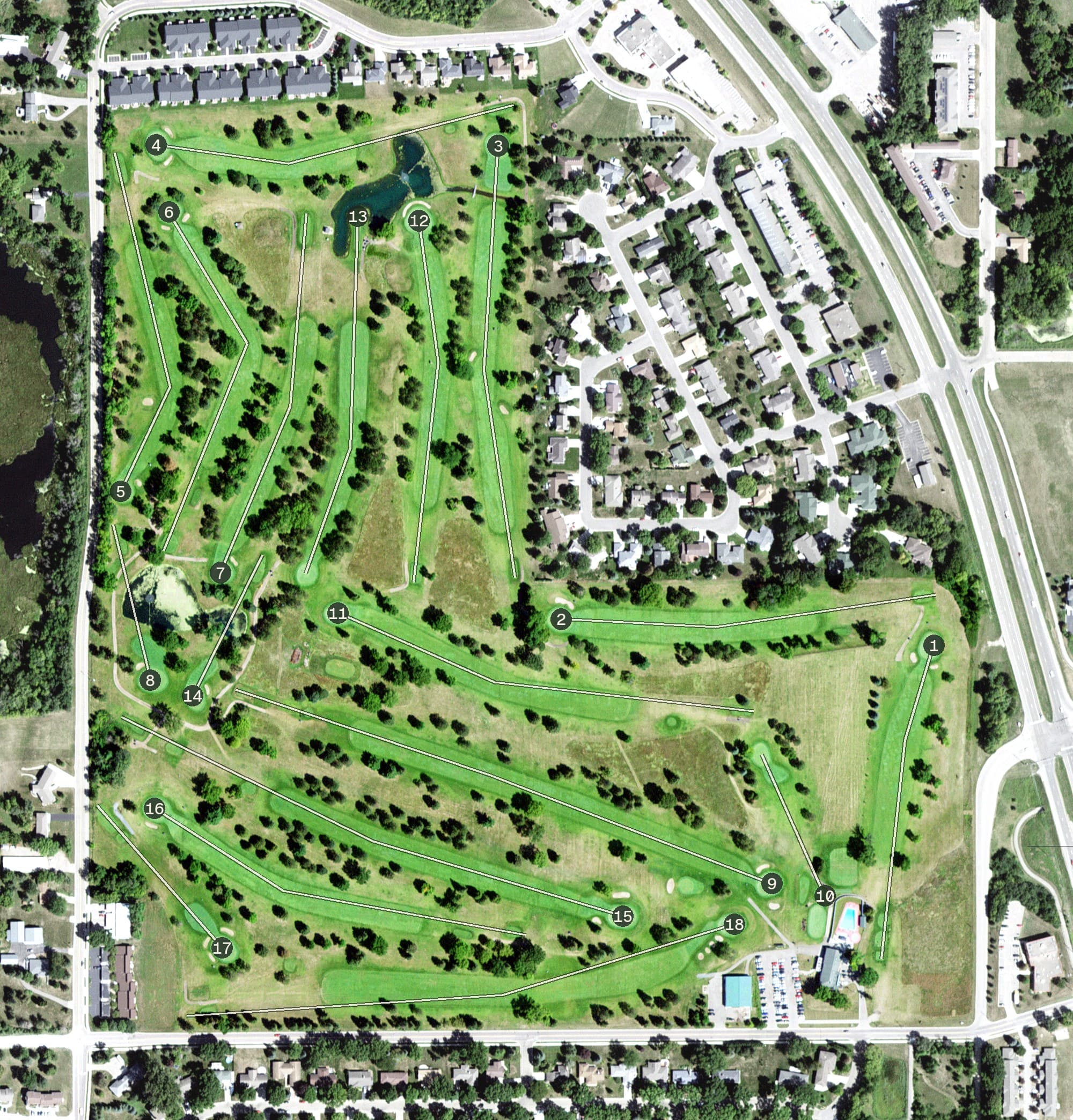Aerial view of Faribault Golf Club, MN, with its hole routing marked
