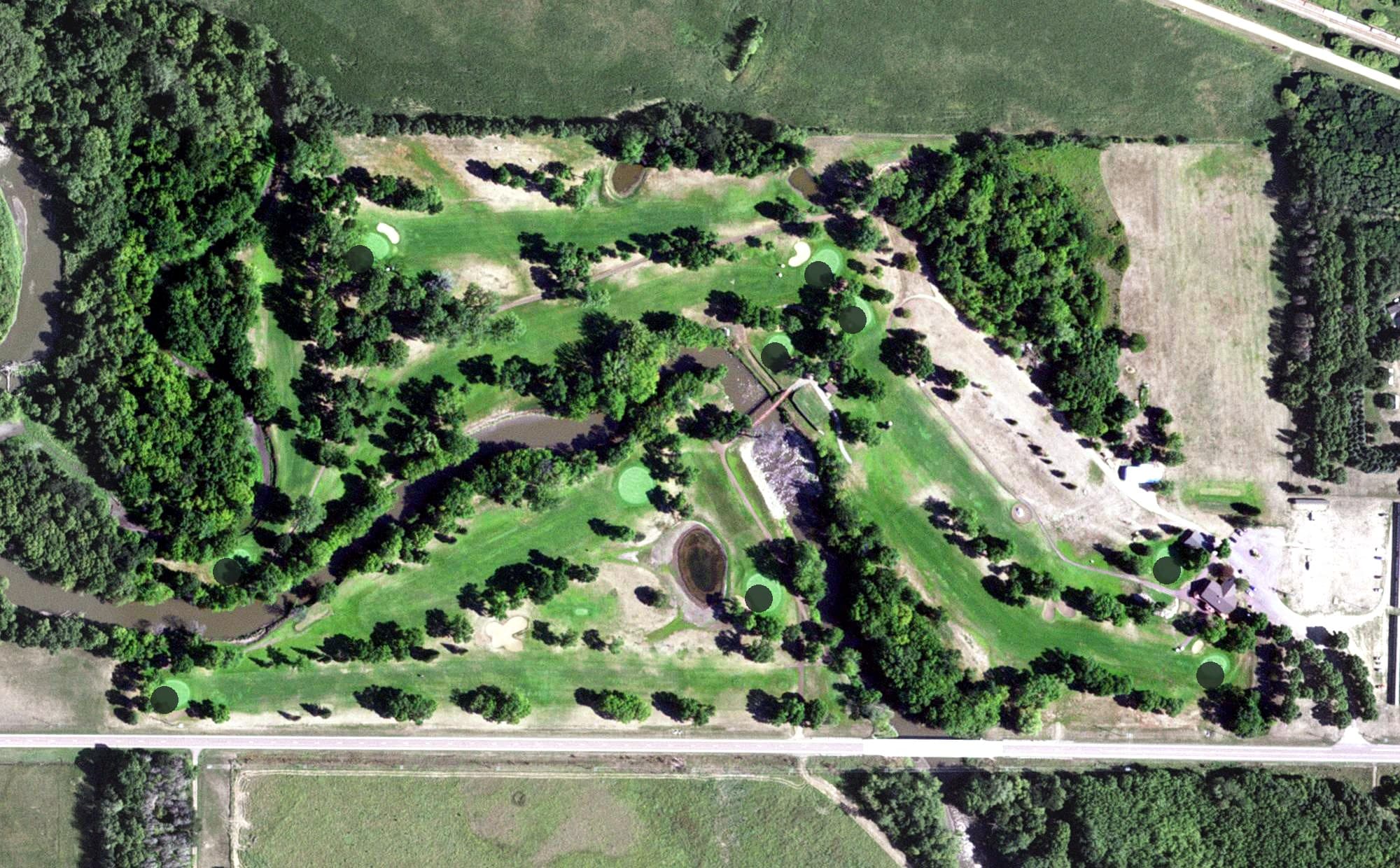 Aerial view of Farmers Golf & Health Club, MN, with its hole routing marked