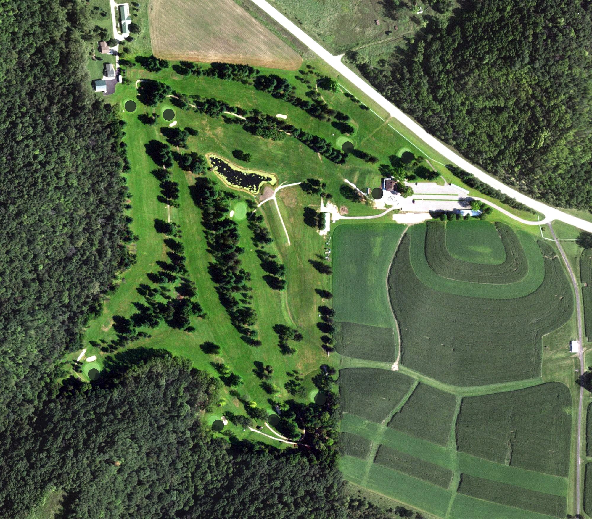 Aerial view of Ferndale Country Club, MN, with its hole routing marked