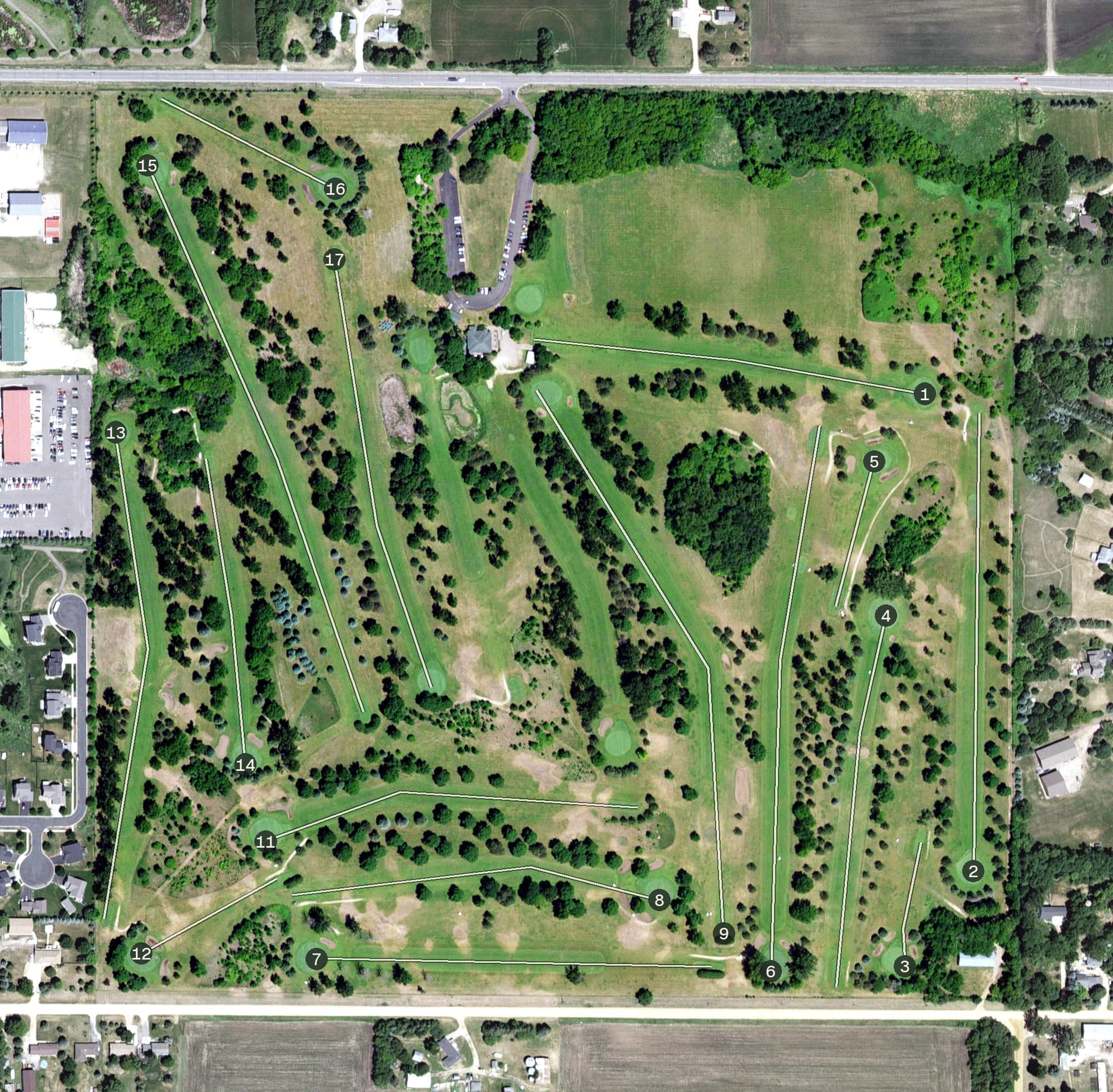 Aerial view of Fountain Valley Golf Course, MN, with its hole routing marked