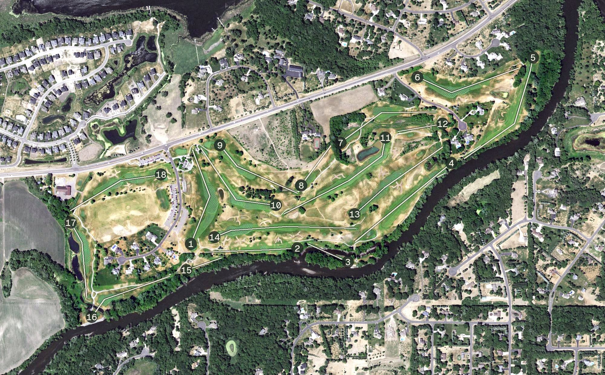 Aerial view of Fox Hollow Golf Course, MN, with its hole routing marked