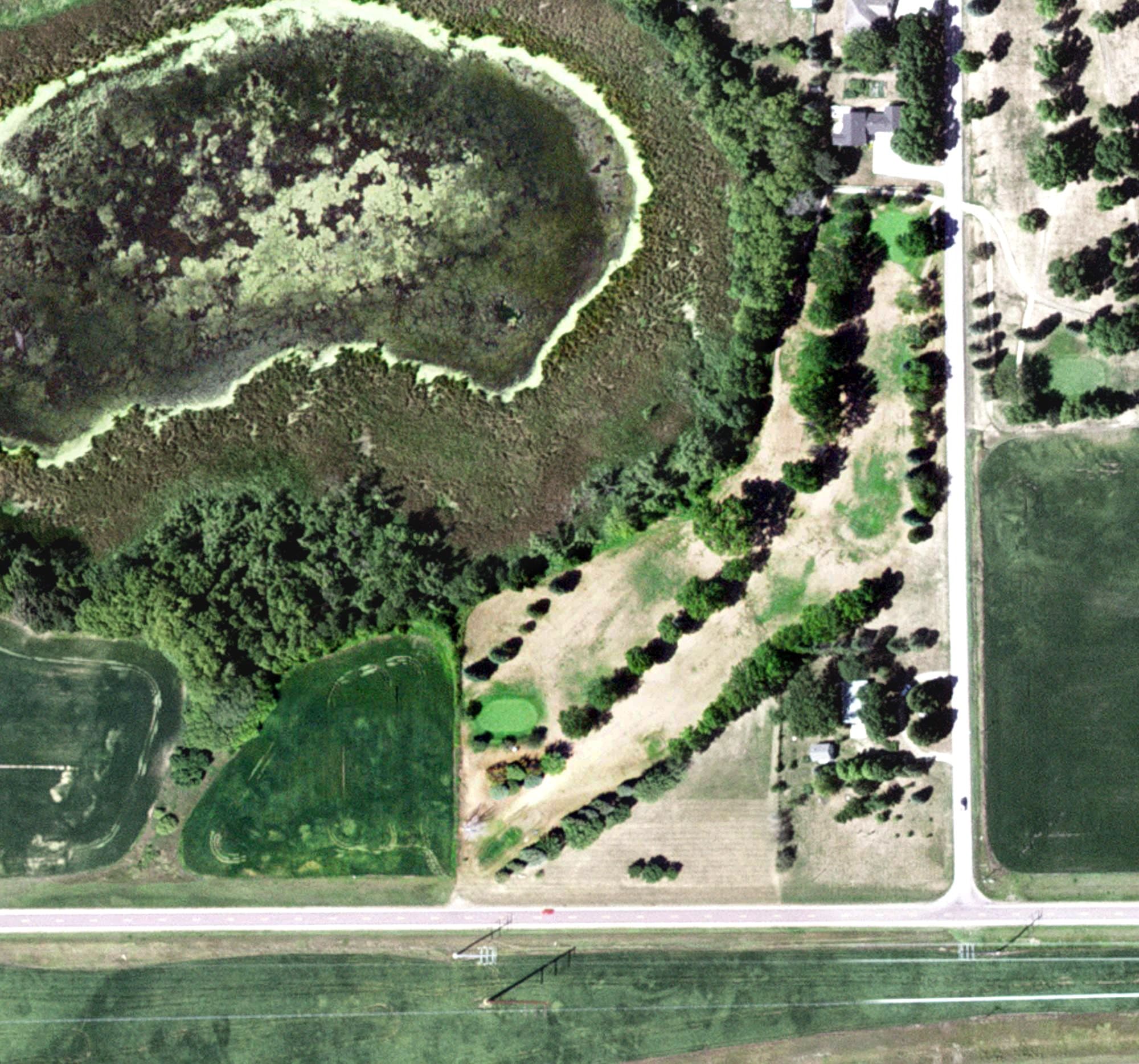 Aerial view of Fox Lake Golf Course, MN, with its hole routing marked