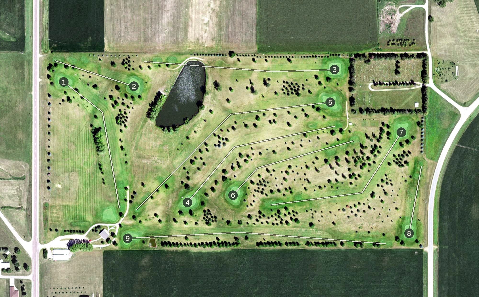 Aerial view of Fulda Town and Country Golf, MN, with its hole routing marked