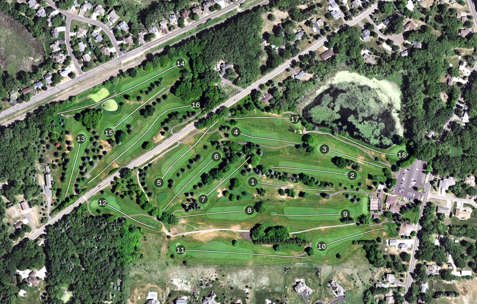 Aerial view of Gem Lake Hills Golf Course, MN, with its hole routing marked