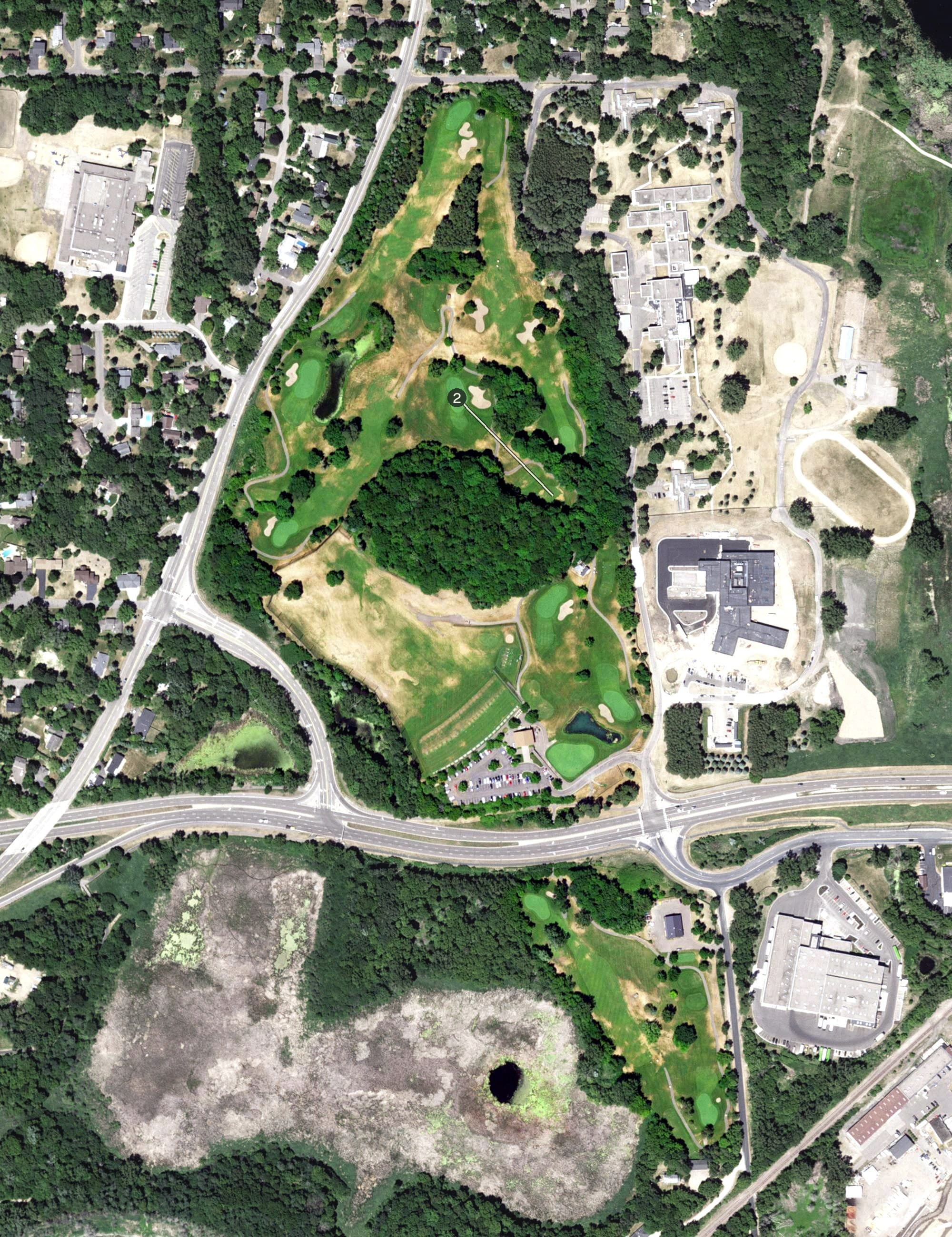 Aerial view of Glen Lake Golf & Practice Center, MN, with its hole routing marked
