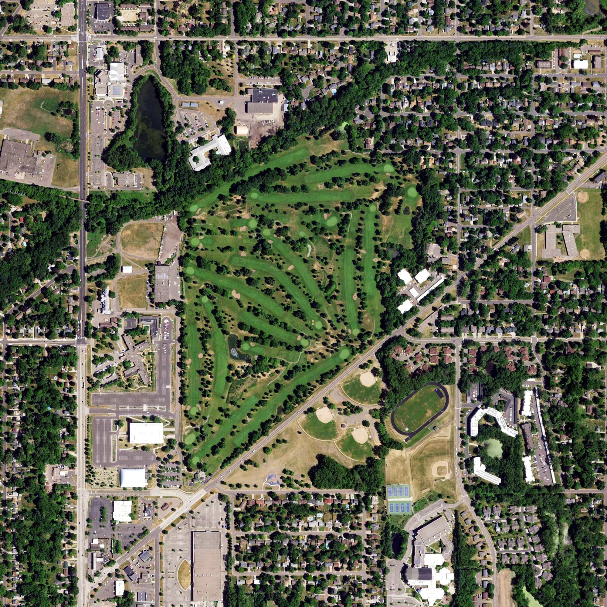 Aerial view of Goodrich Golf Course, MN, with its hole routing marked