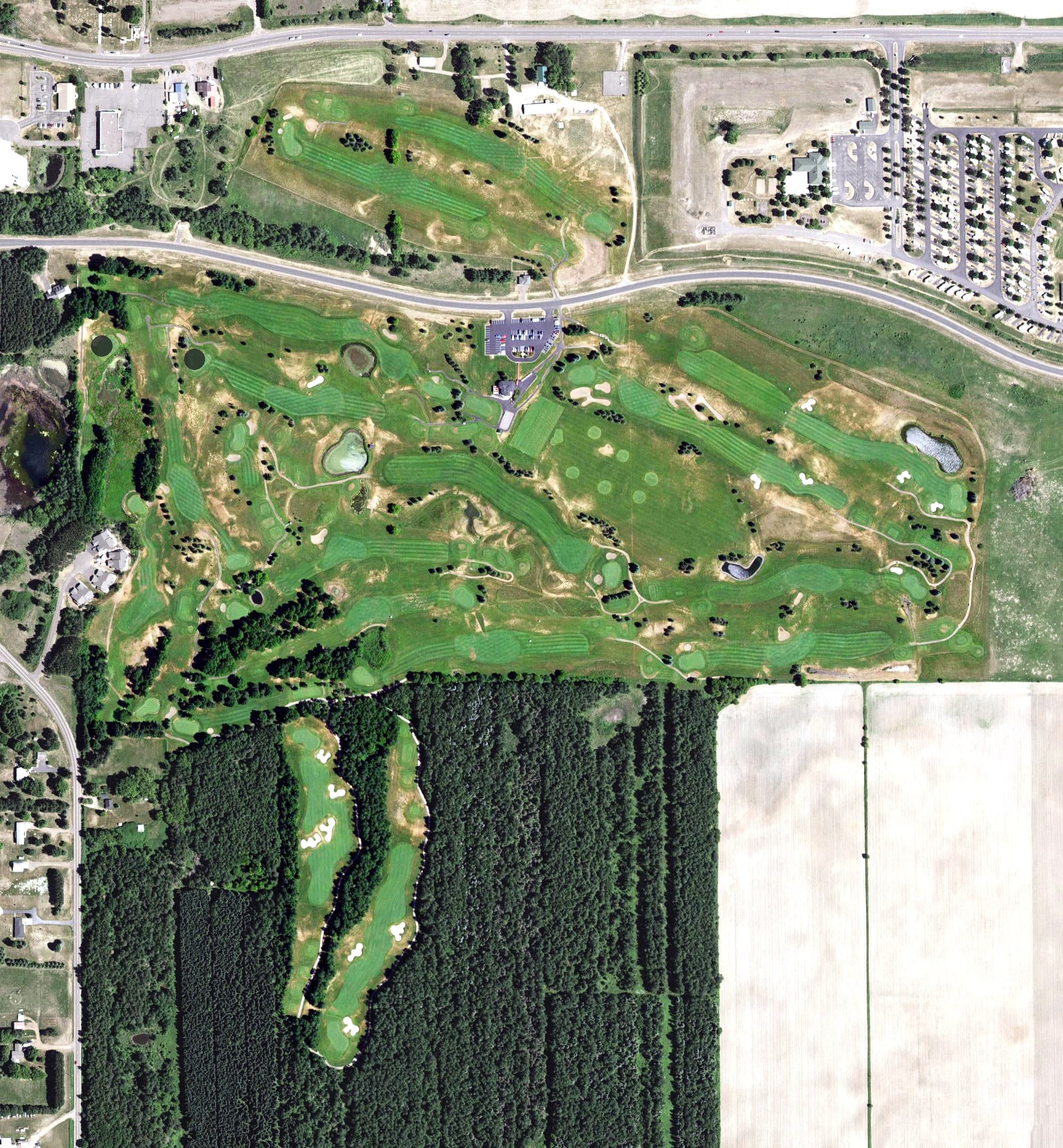 Aerial view of Grand National Golf Course, MN, with its hole routing marked