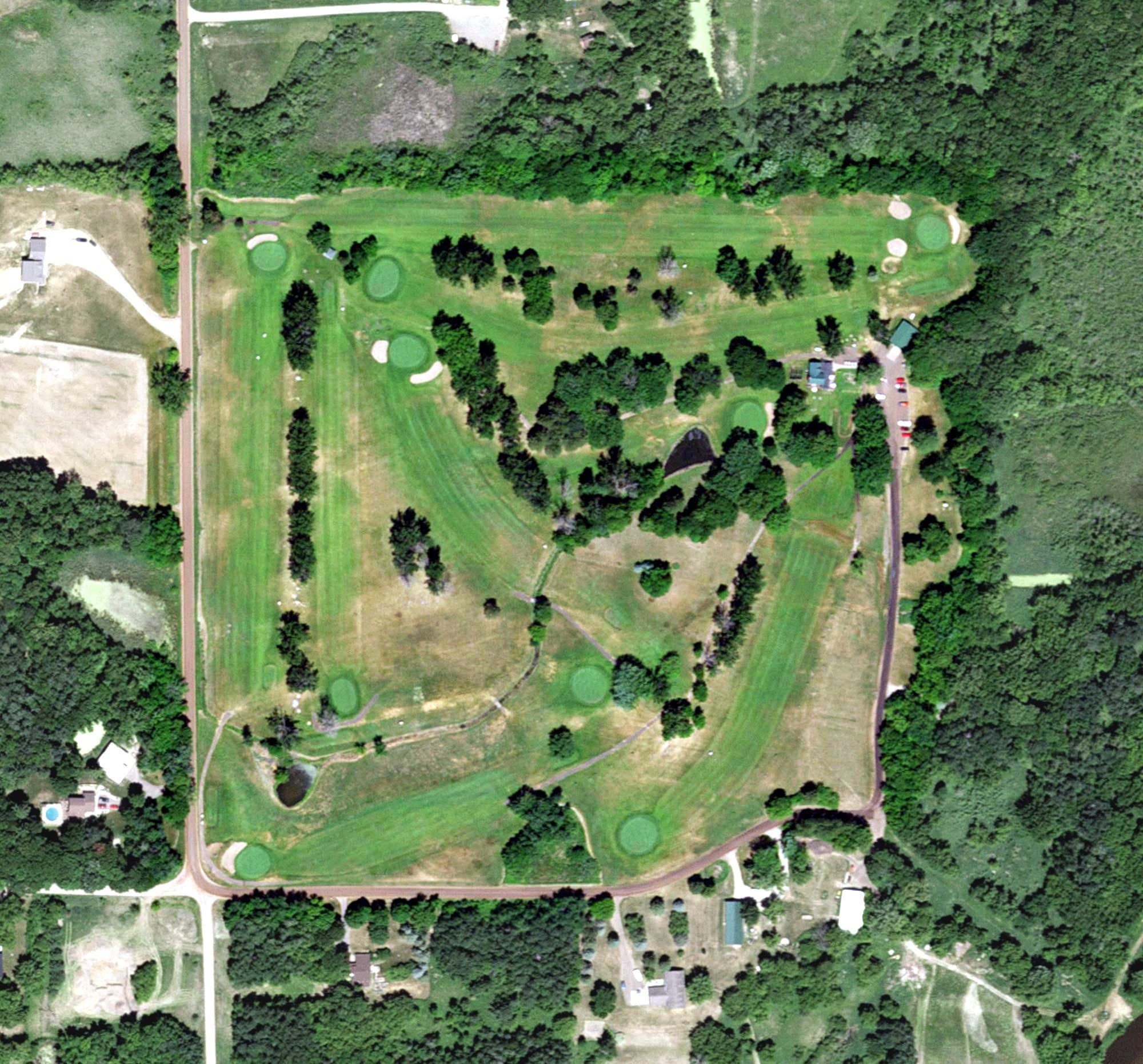 Aerial view of Grandy Nine Golf & Camp, MN, with its hole routing marked