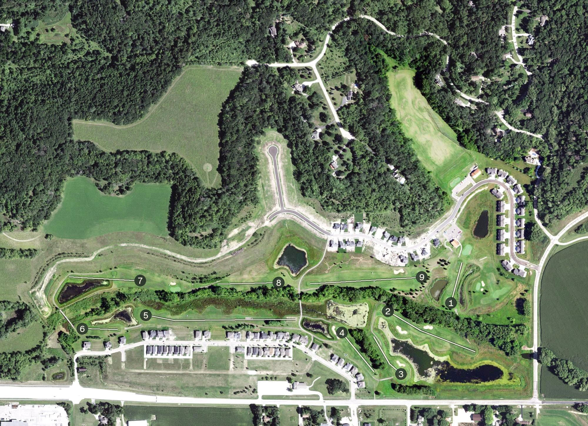 Aerial view of Hadley Creek Golf Learning Center, MN, with its hole routing marked