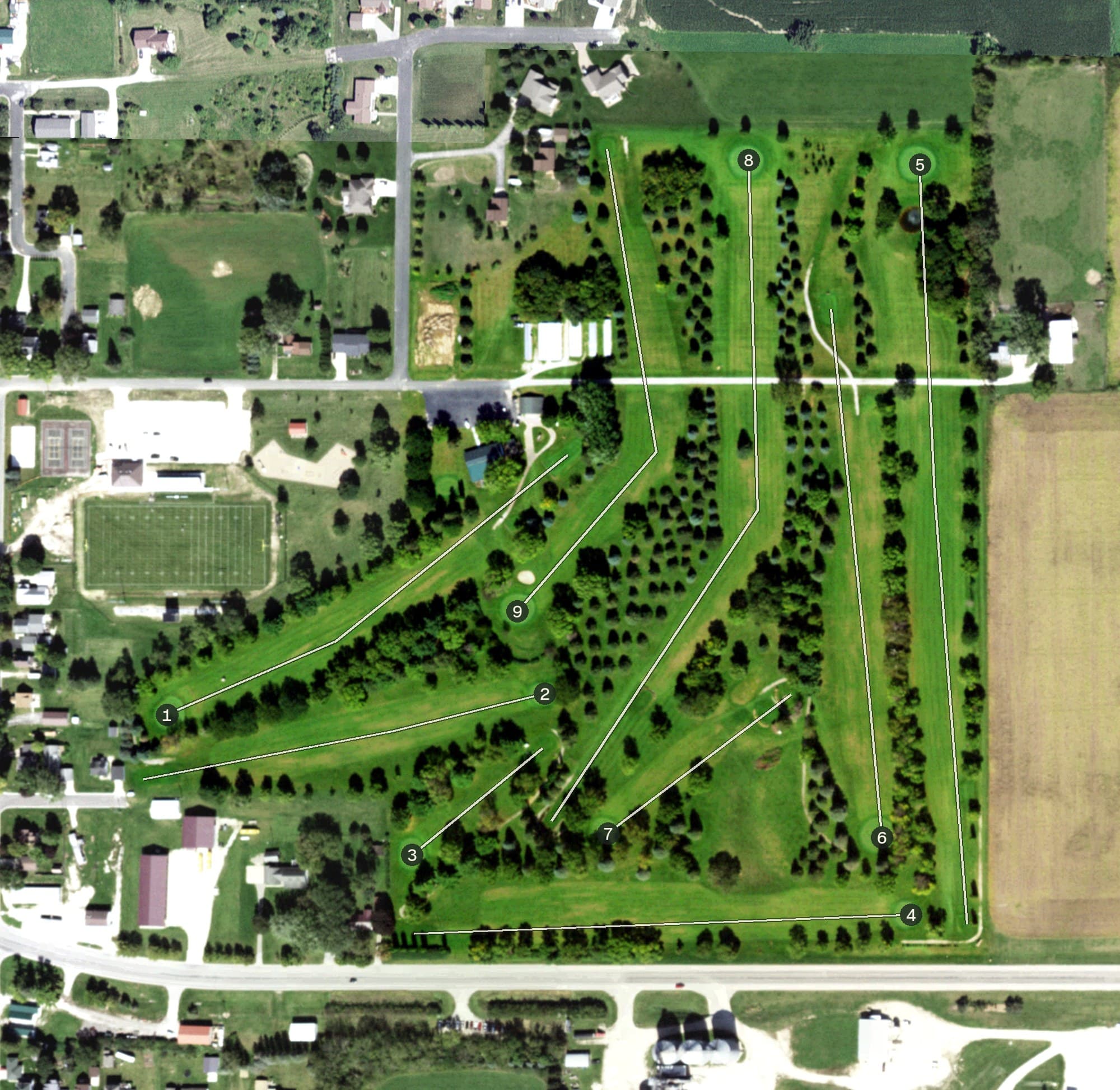 Aerial view of Harmony Golf Club, MN, with its hole routing marked