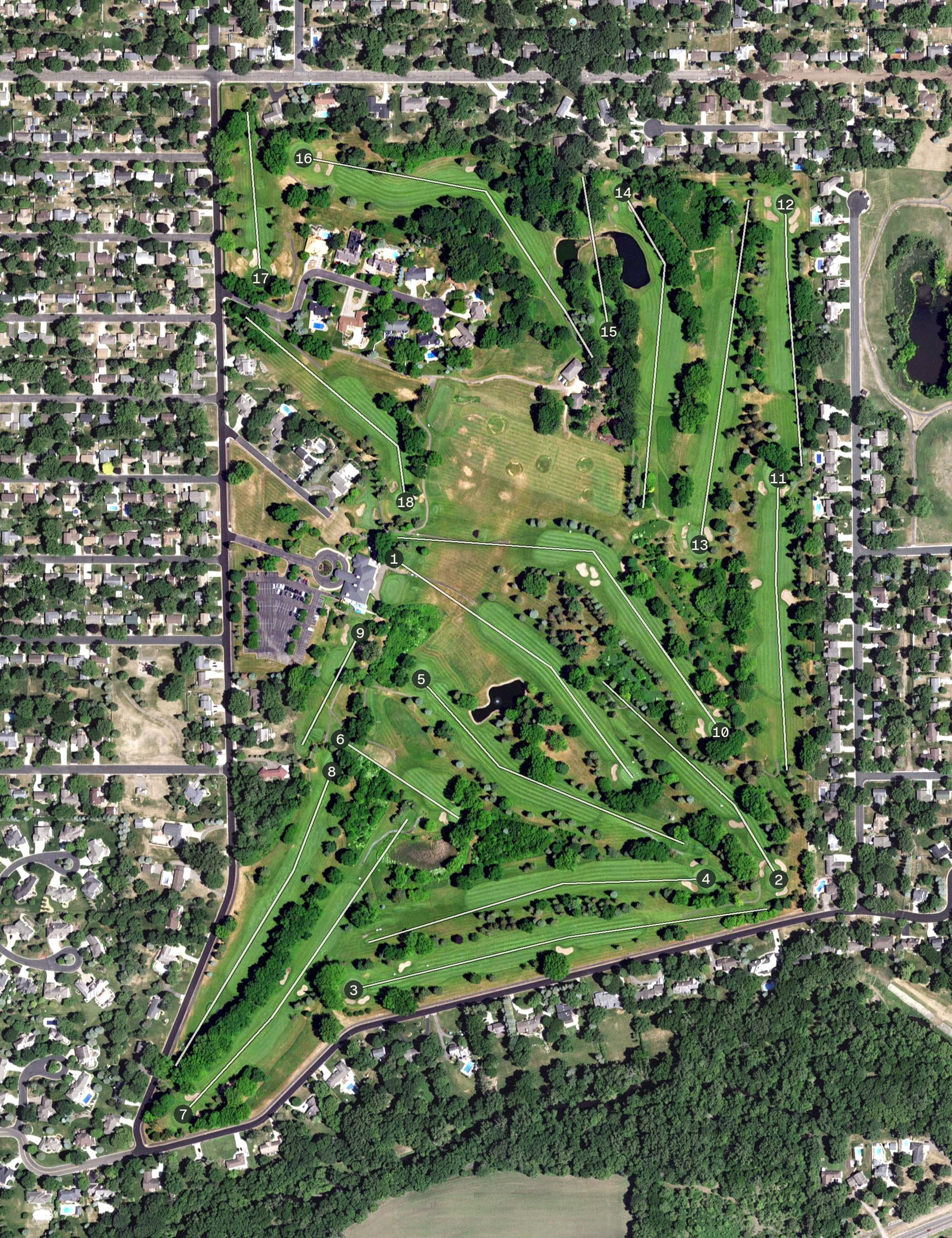 Aerial view of Hastings Country Club, MN, with its hole routing marked