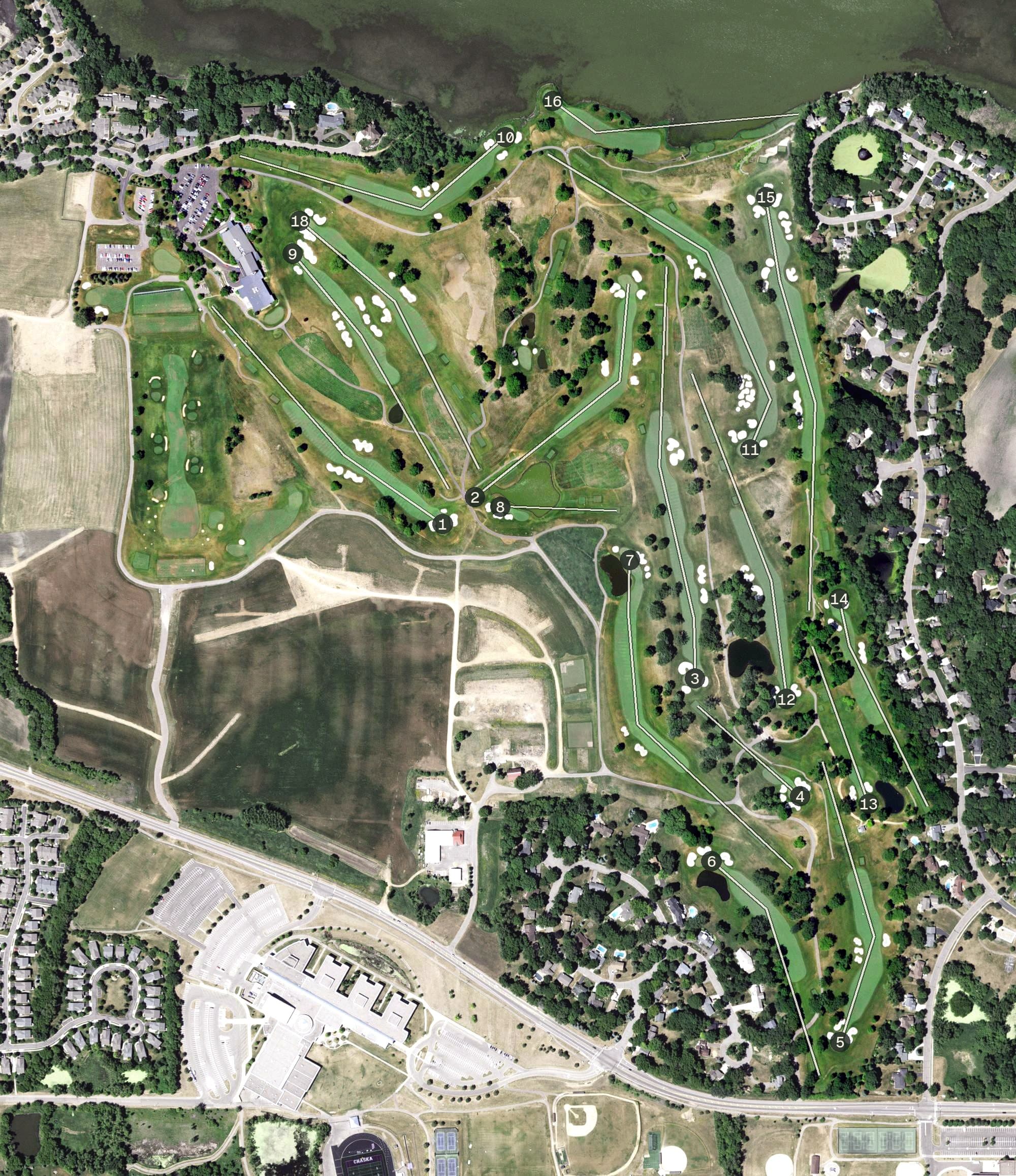 Aerial view of Hazeltine National Golf Course, MN, with its hole routing marked