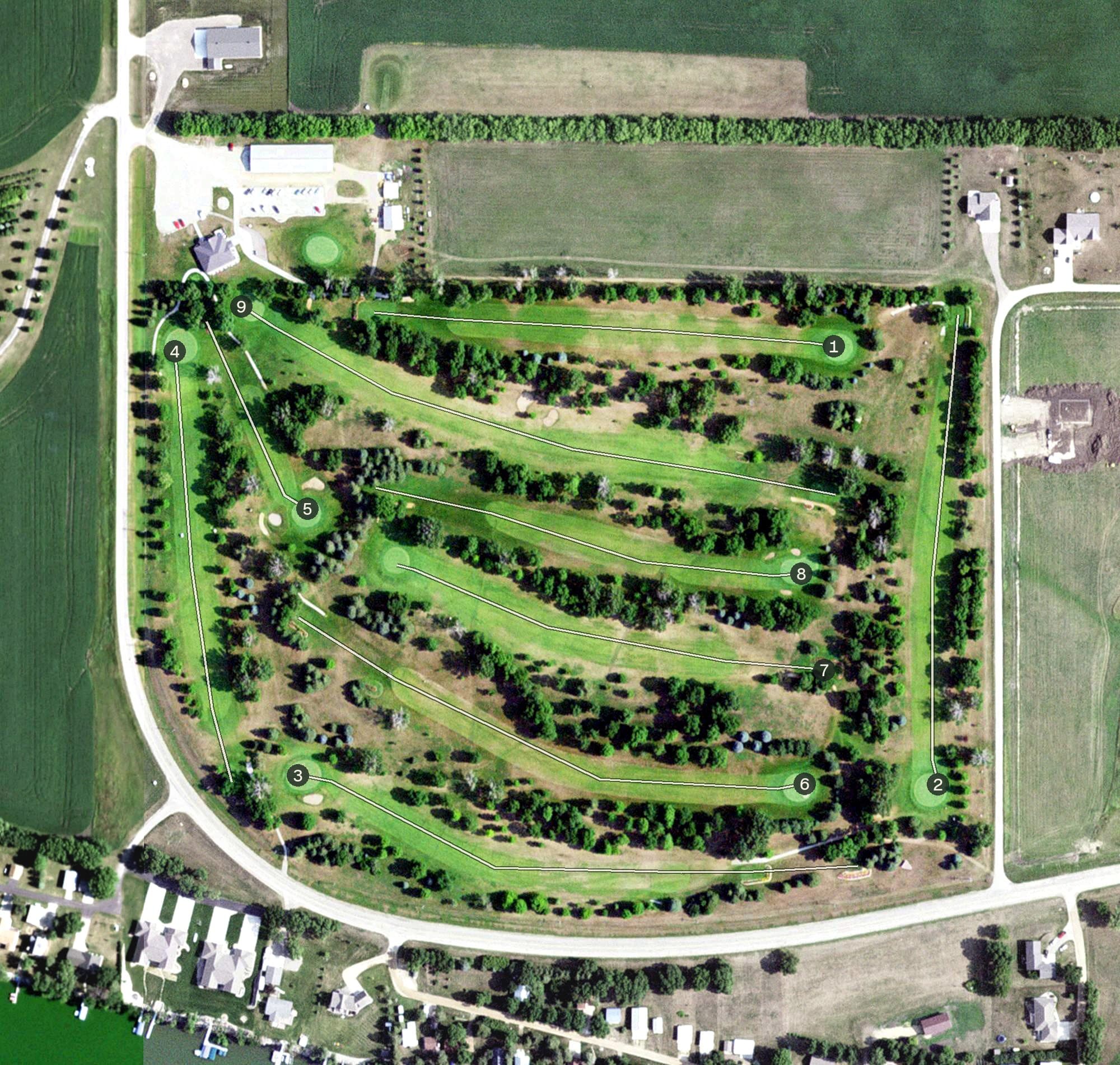 Aerial view of Hendricks Golf Club, MN, with its hole routing marked