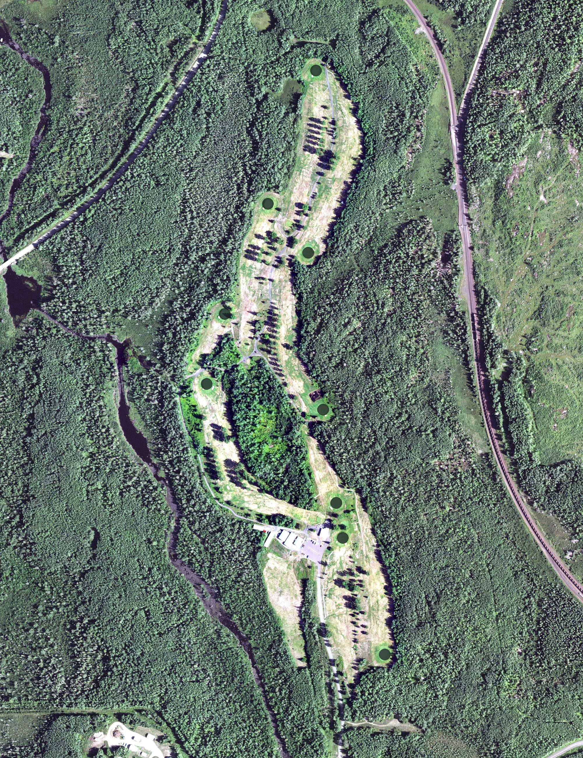 Aerial view of Hoyt Lakes Municipal Golf Course, MN, with its hole routing marked