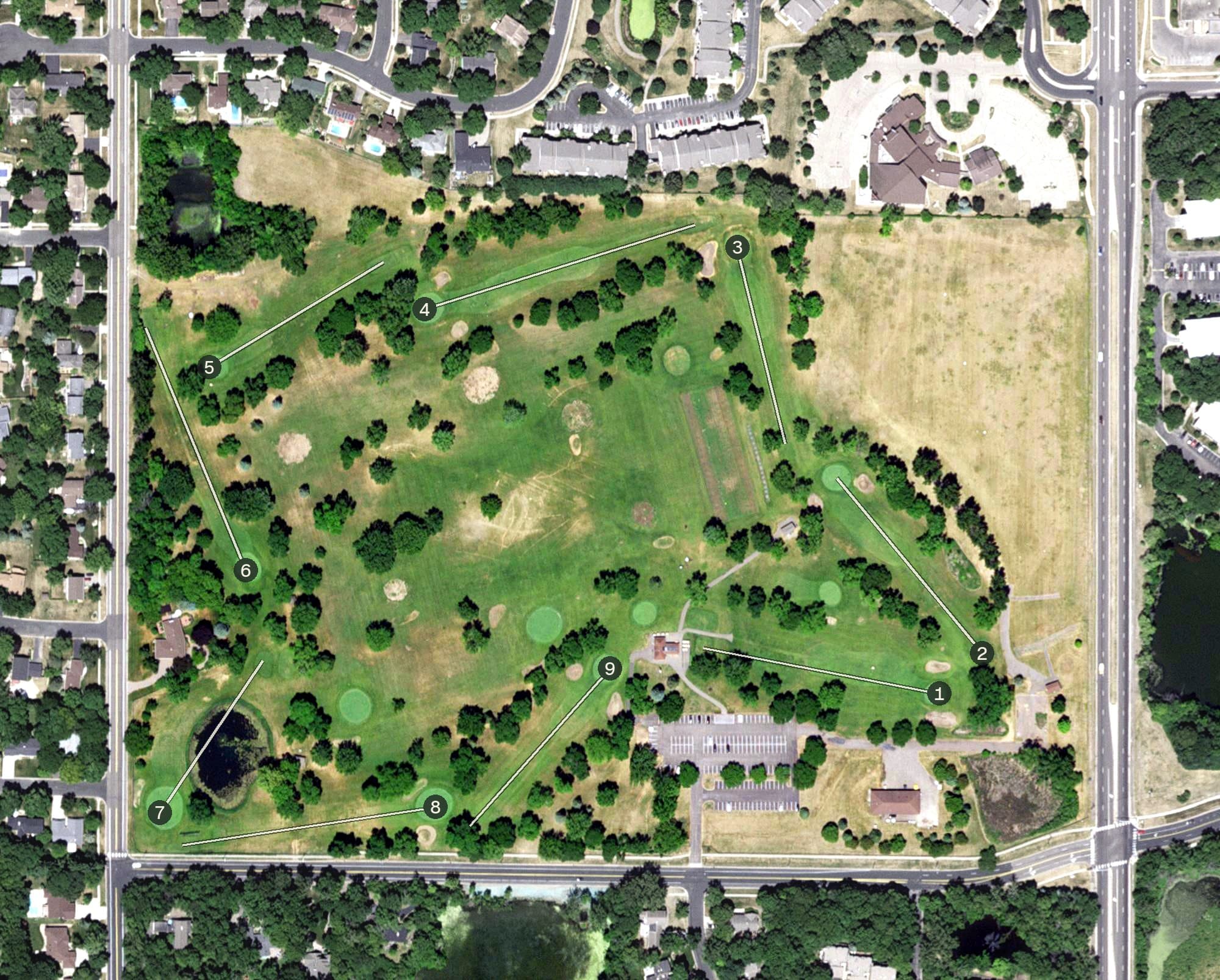 Aerial view of Hyland Greens Golf Course, MN, with its hole routing marked
