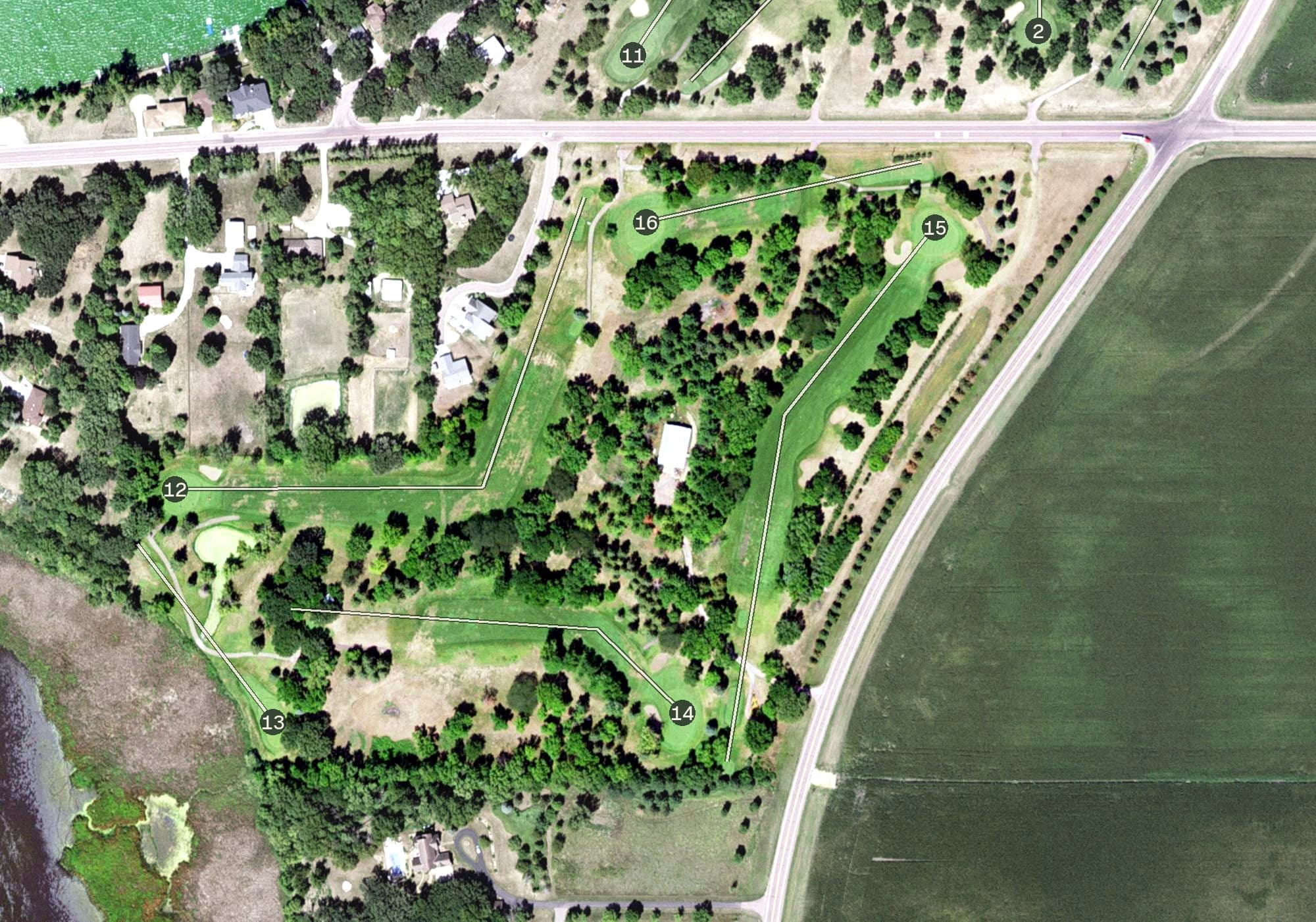 Aerial view of Interlaken Golf Club, MN, with its hole routing marked